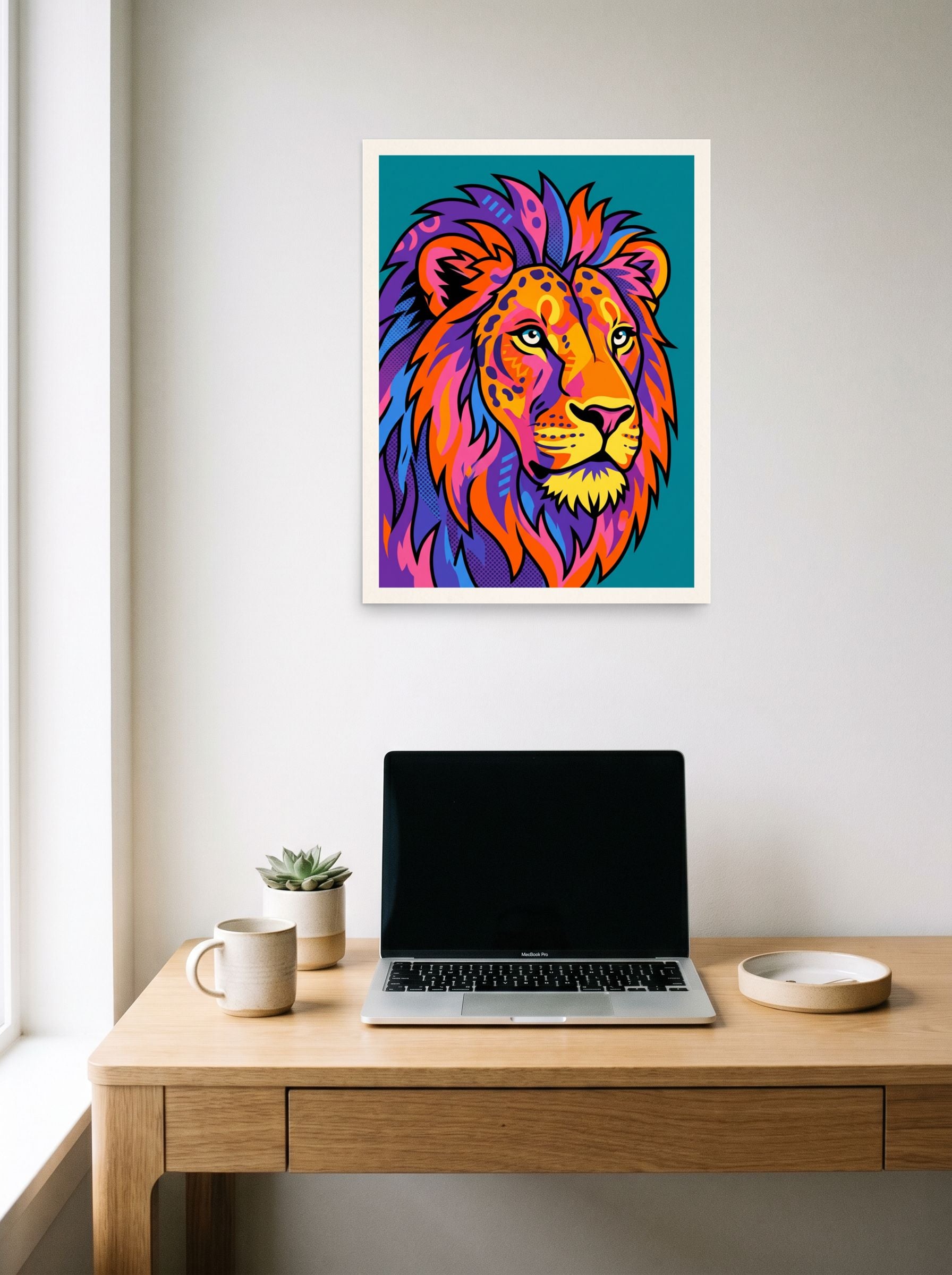 A 18x24 inch unframed paper Pop art print of 'Neon King' hanging above a worktable with a laptop.