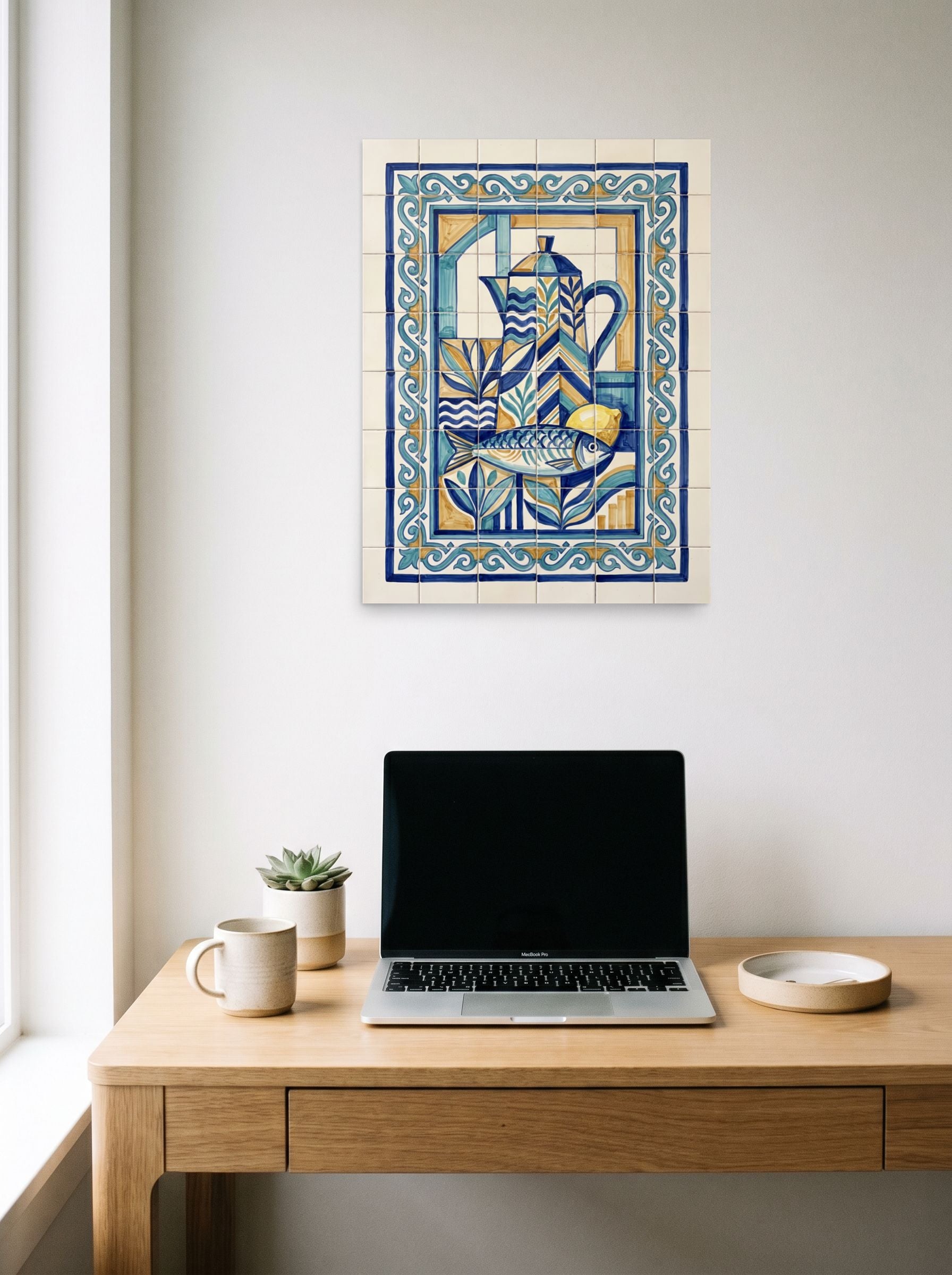 A 18x24 inch unframed paper Cubism print of 'The Fisherman's Still Life' hanging above a worktable with a laptop.