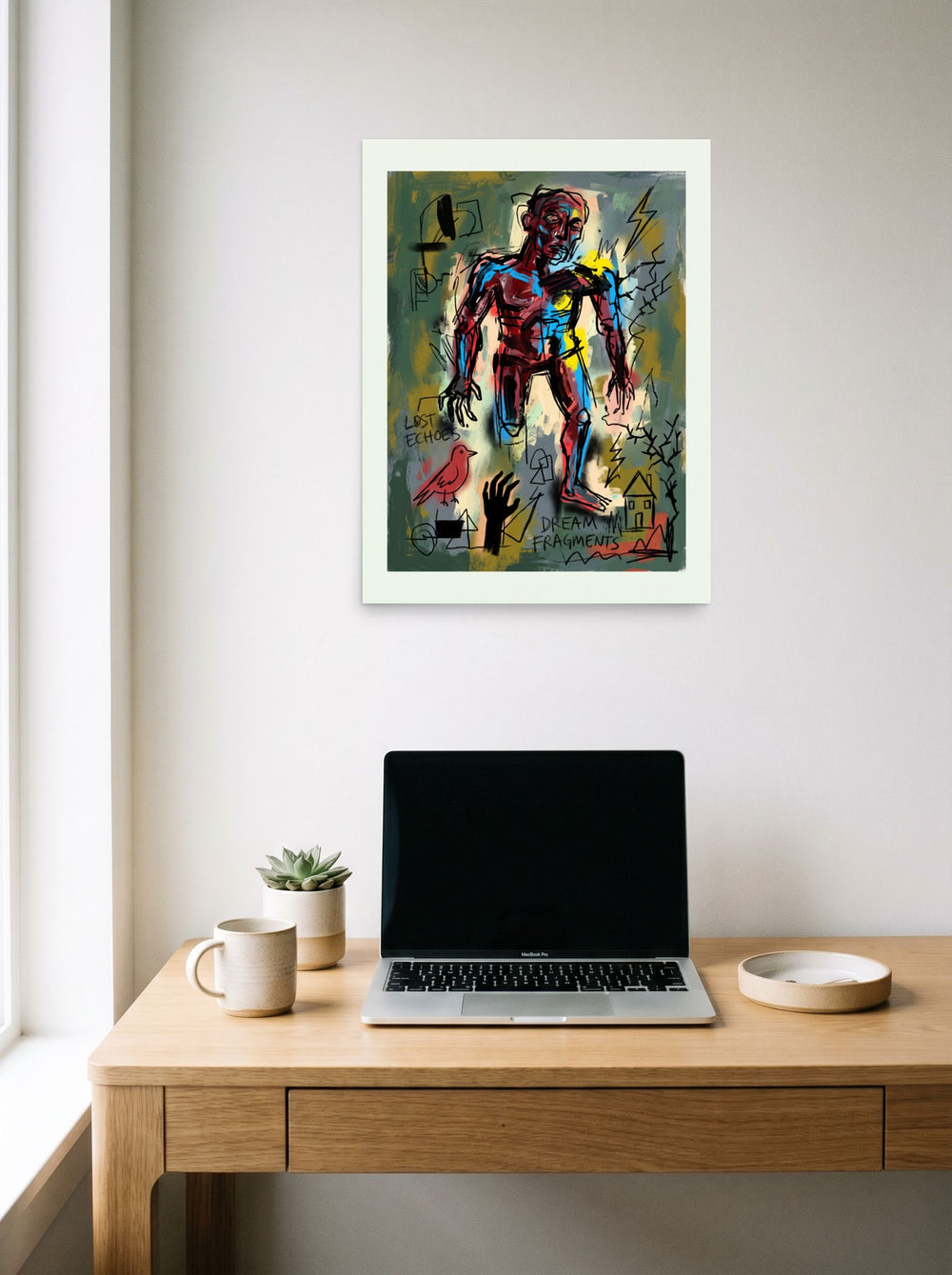 'Dream Fragments' in 18x24 inch unframed paper, styled above a home-office workspace.