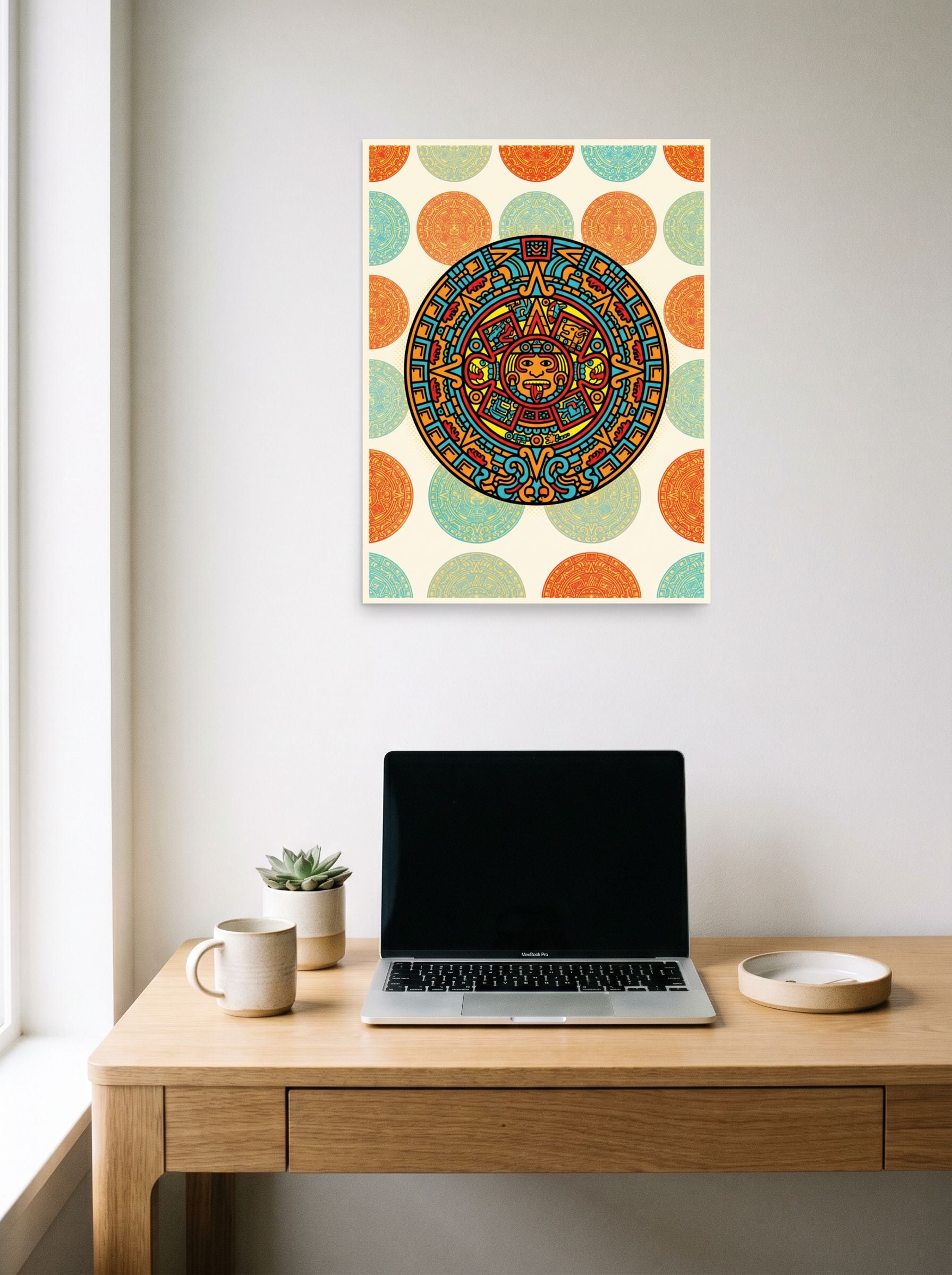 A 18x24 inch unframed paper Pop art print of 'Pop Aztec Sun' hanging above a worktable with a laptop.