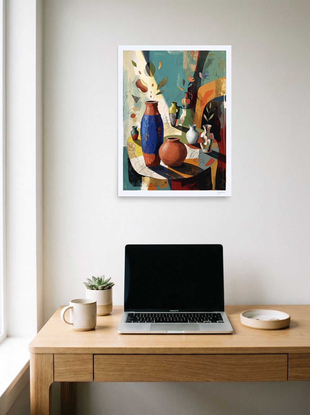 'Vessels of Light' in 18x24 inch unframed paper, styled above a home-office workspace.