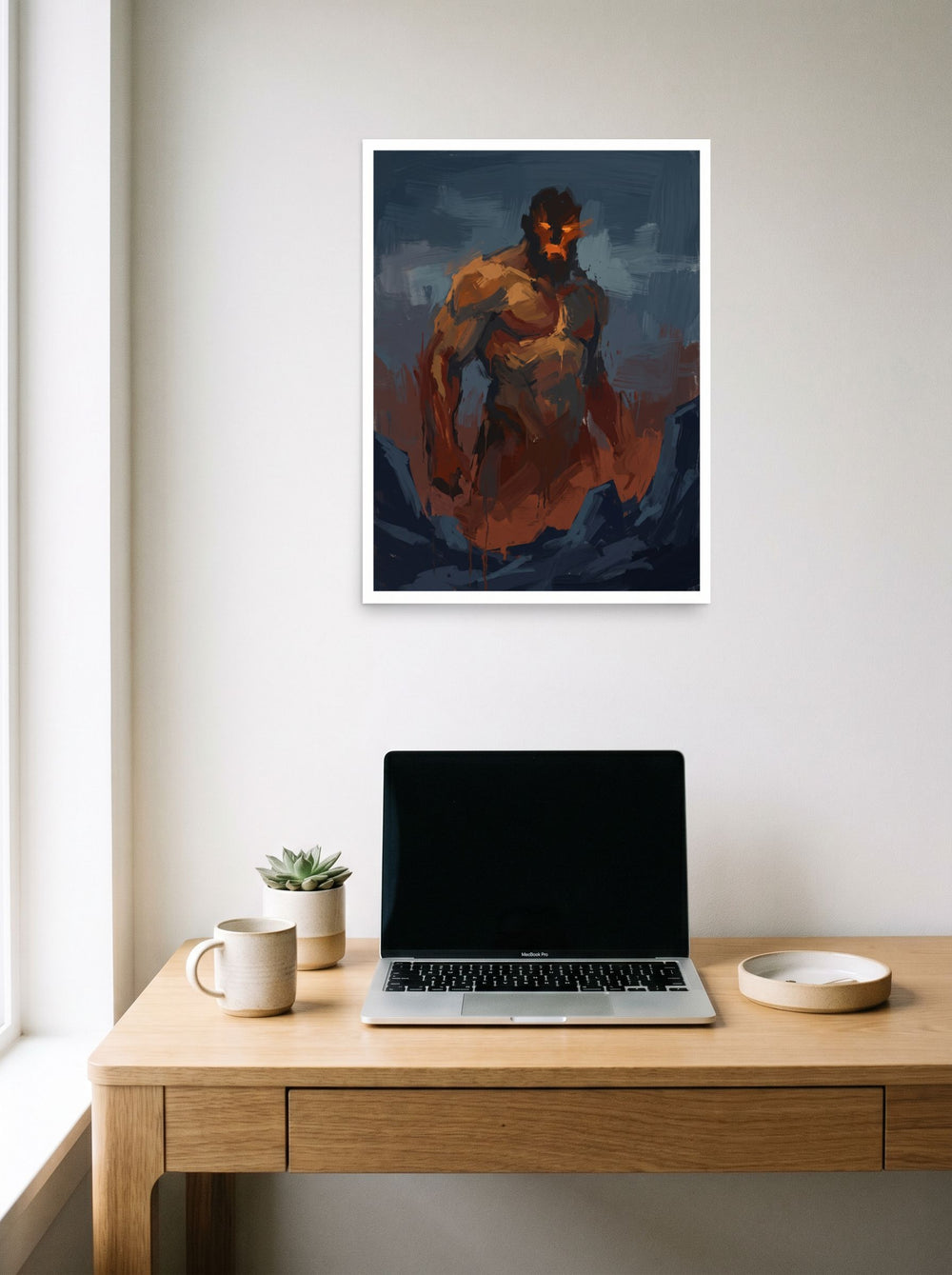 'The Fire Giant', a Expressionism print hanging above a worktable with a laptop. Shown as unframed paper, 18x24 inch.