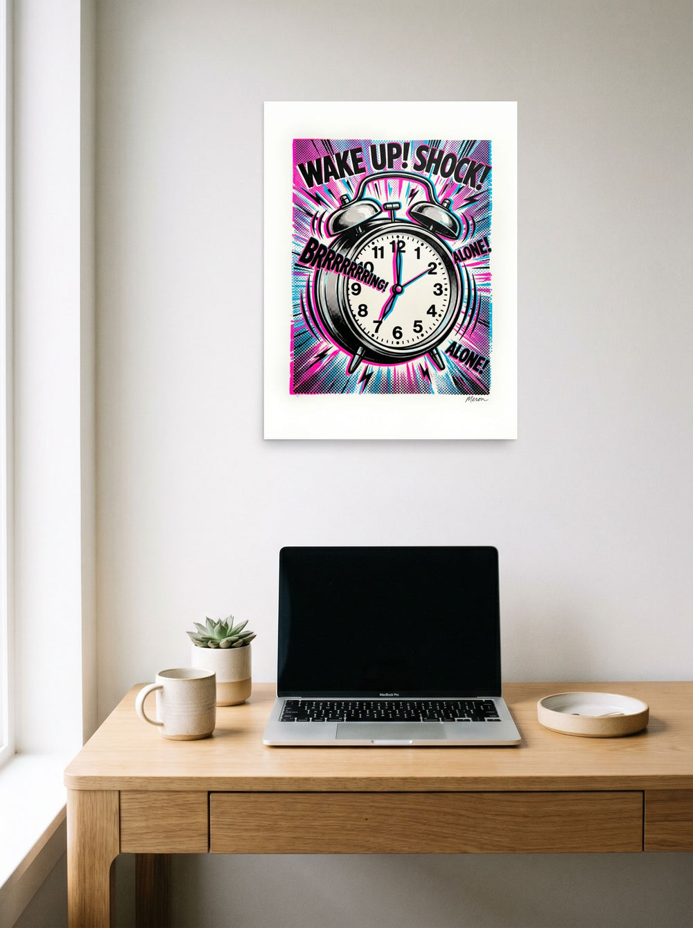 A 18x24 inch unframed paper Pop art print of 'Morning Shock' hanging above a worktable with a laptop.