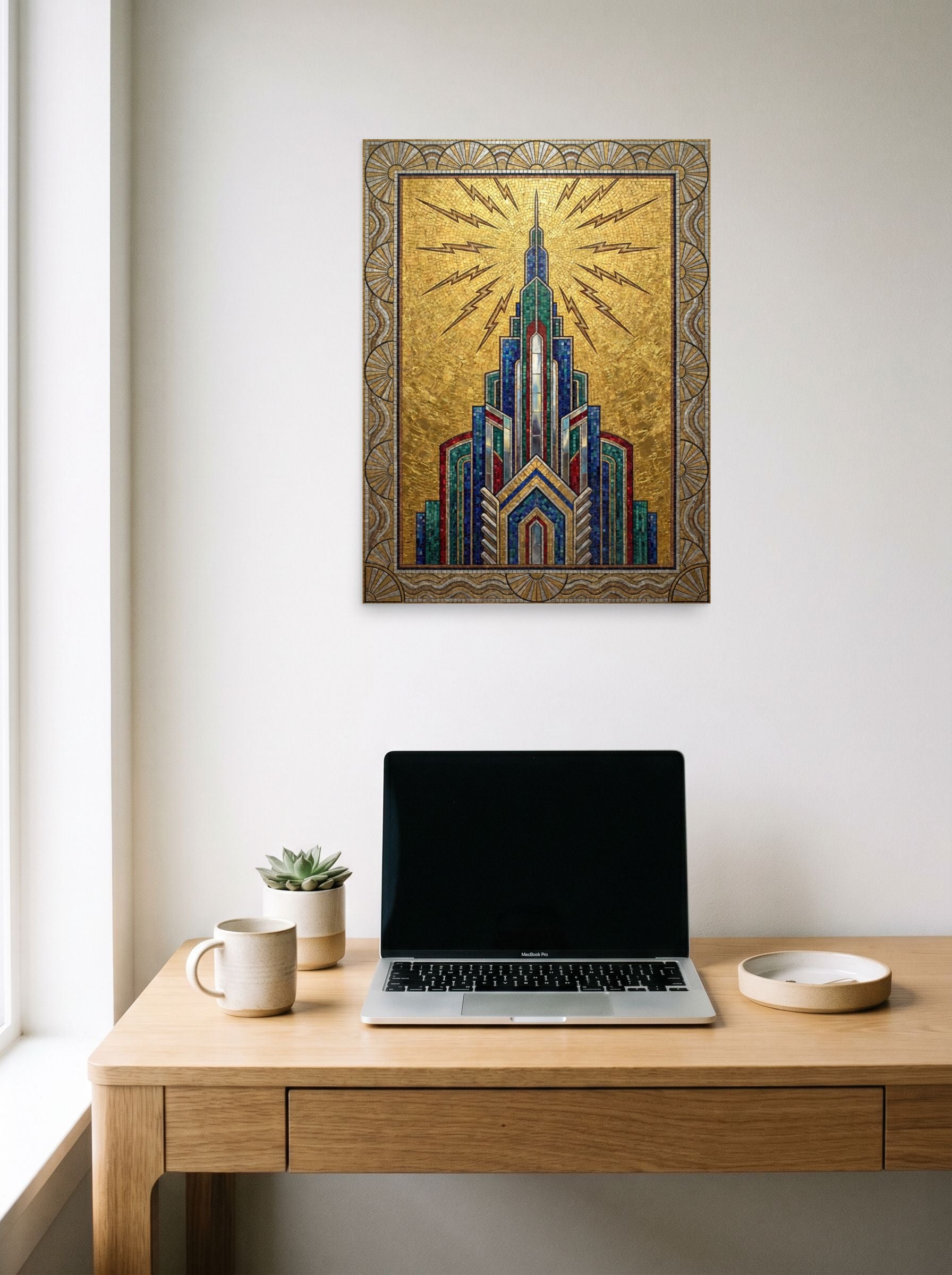 A 18x24 inch unframed paper Art Deco print of 'The Golden Metropolis' hanging above a worktable with a laptop.