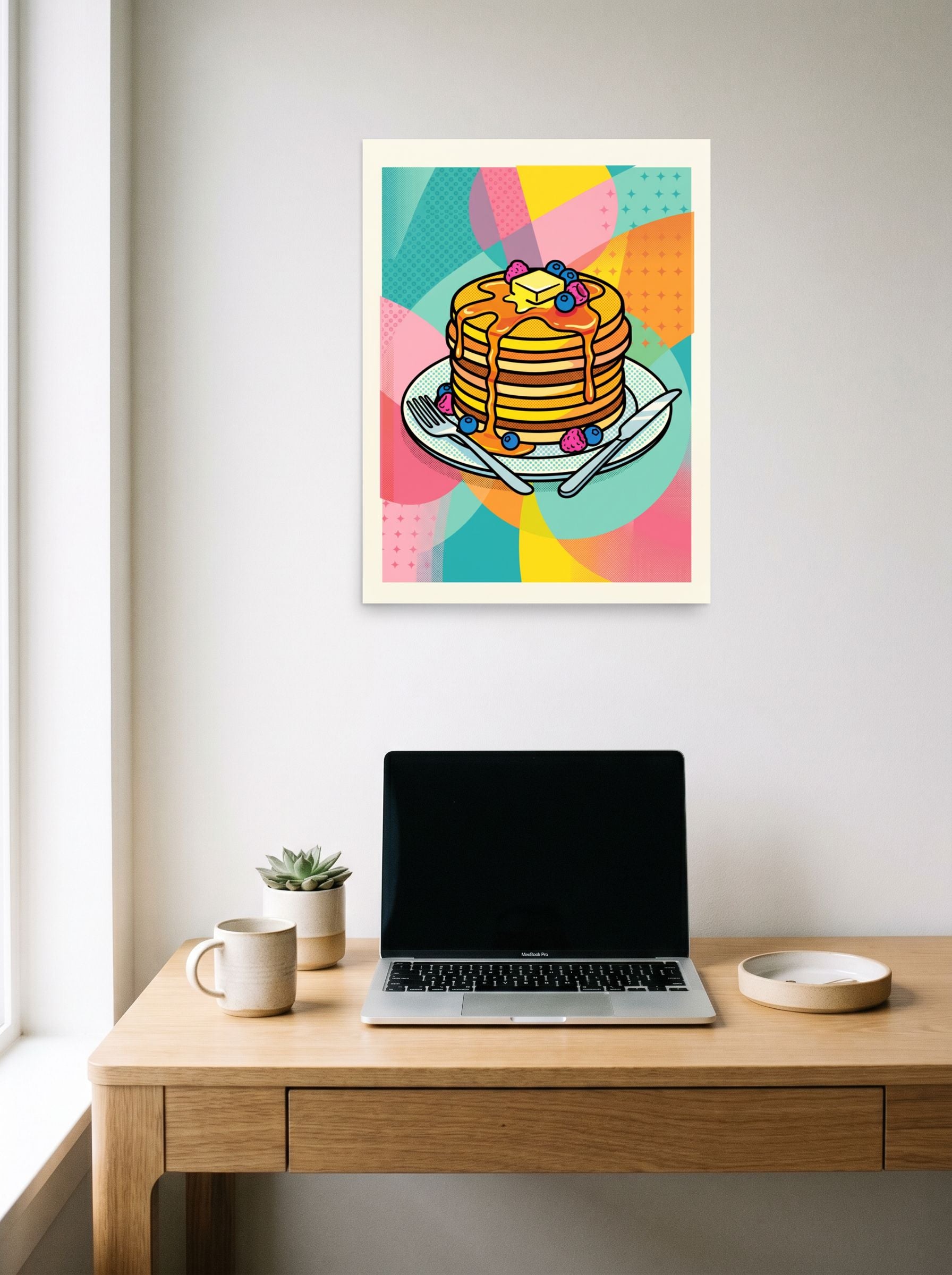 A 18x24 inch unframed paper Pop art print of 'Pop Pancakes' hanging above a worktable with a laptop.