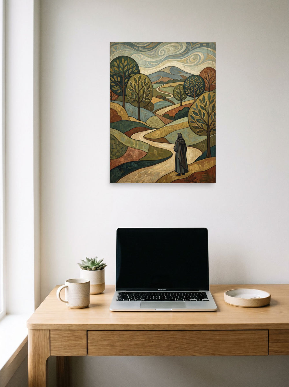 'The Winding Path' in 18x24 inch unframed paper, hanging above a worktable with a laptop.