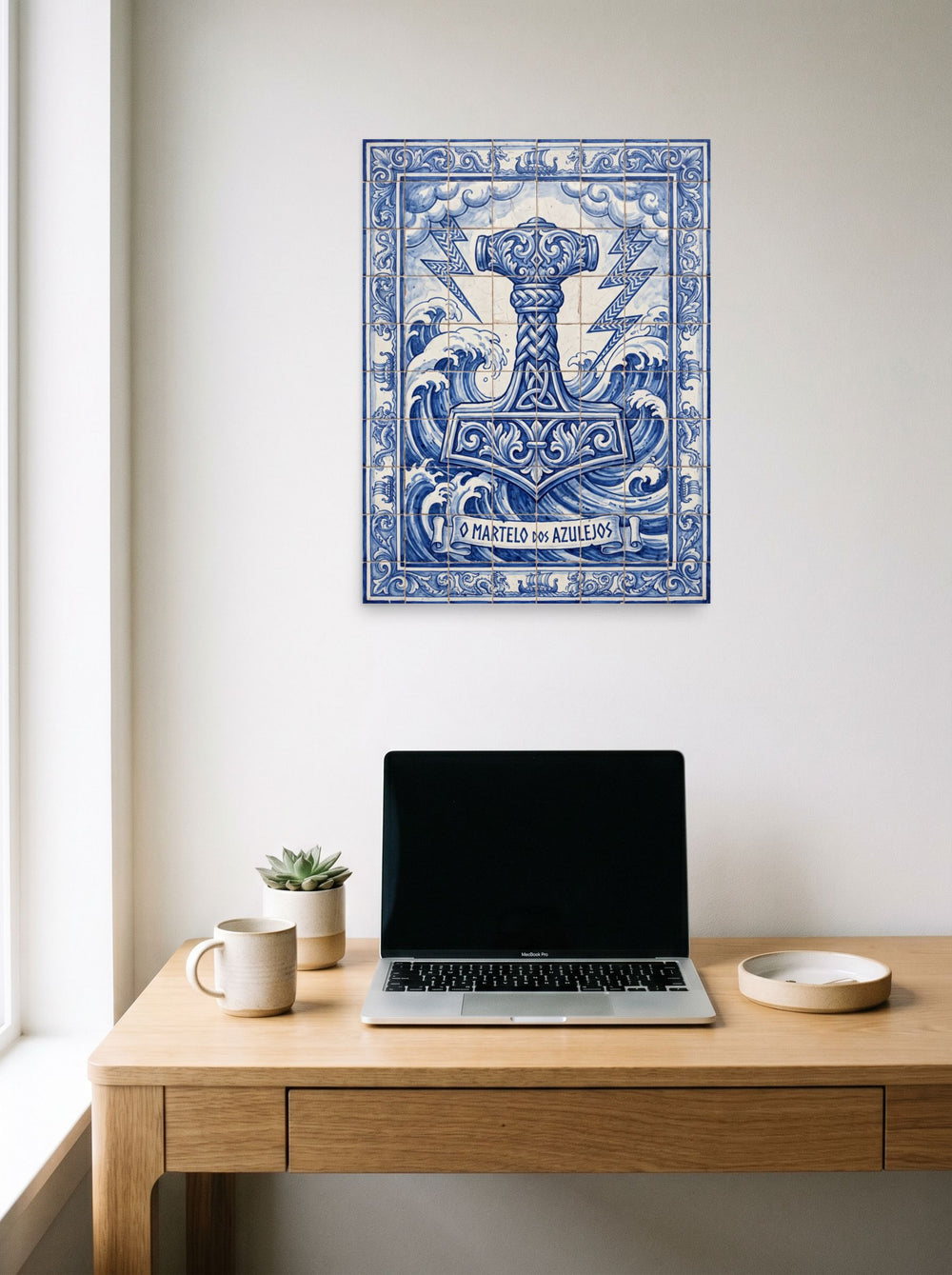 'O Martelo dos Azulejos', a Folk art print displayed over a compact desk setup. Shown as unframed paper, 18x24 inch.