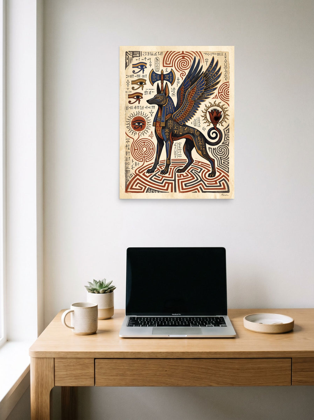 The unframed paper print 'Guardian of the Labyrinth' styled above a home-office workspace, shown at 18x24 inch.