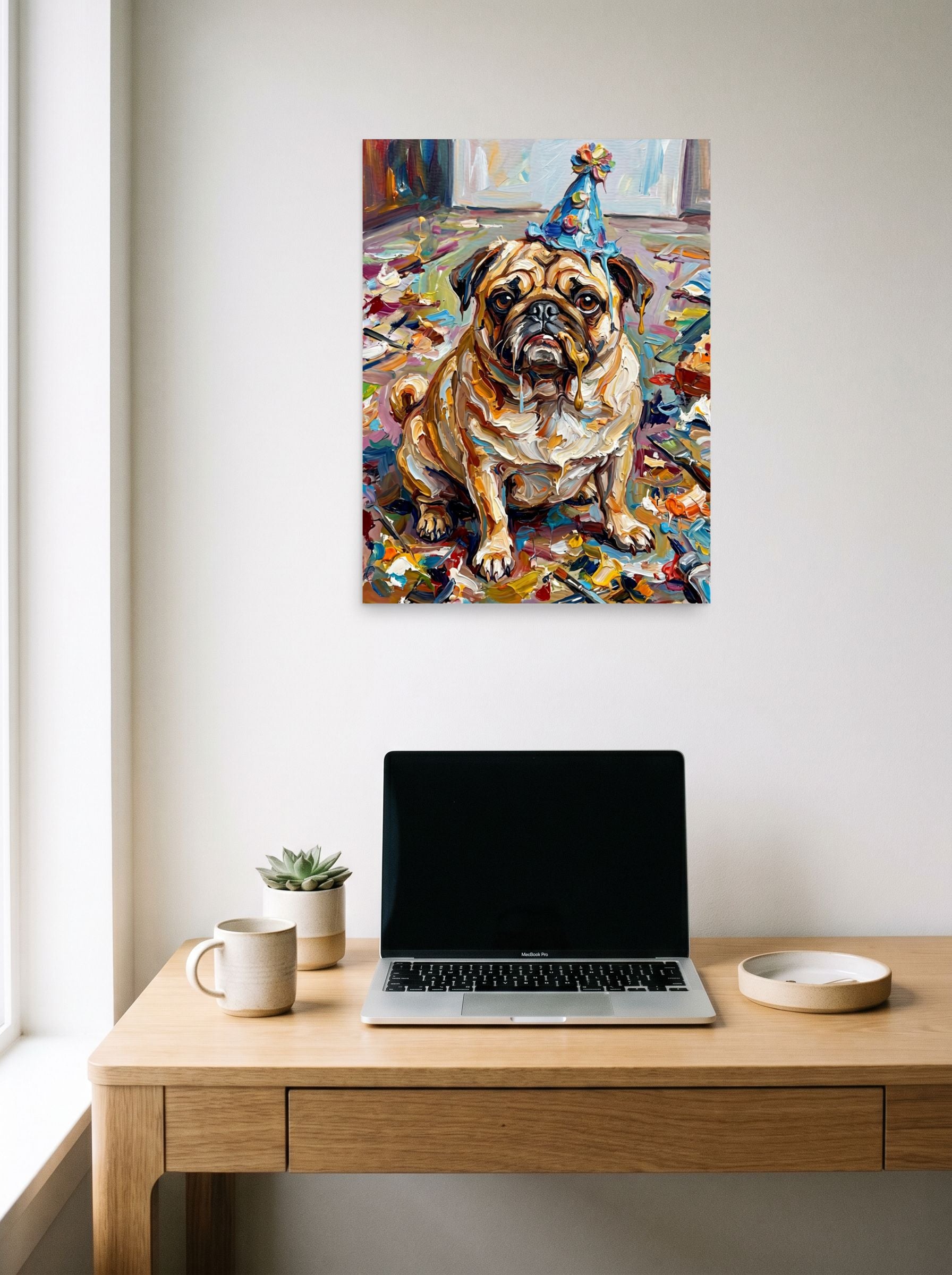 A 18x24 inch unframed paper Expressionism,Pop art print of 'Messy Celebration' hanging above a worktable with a laptop.