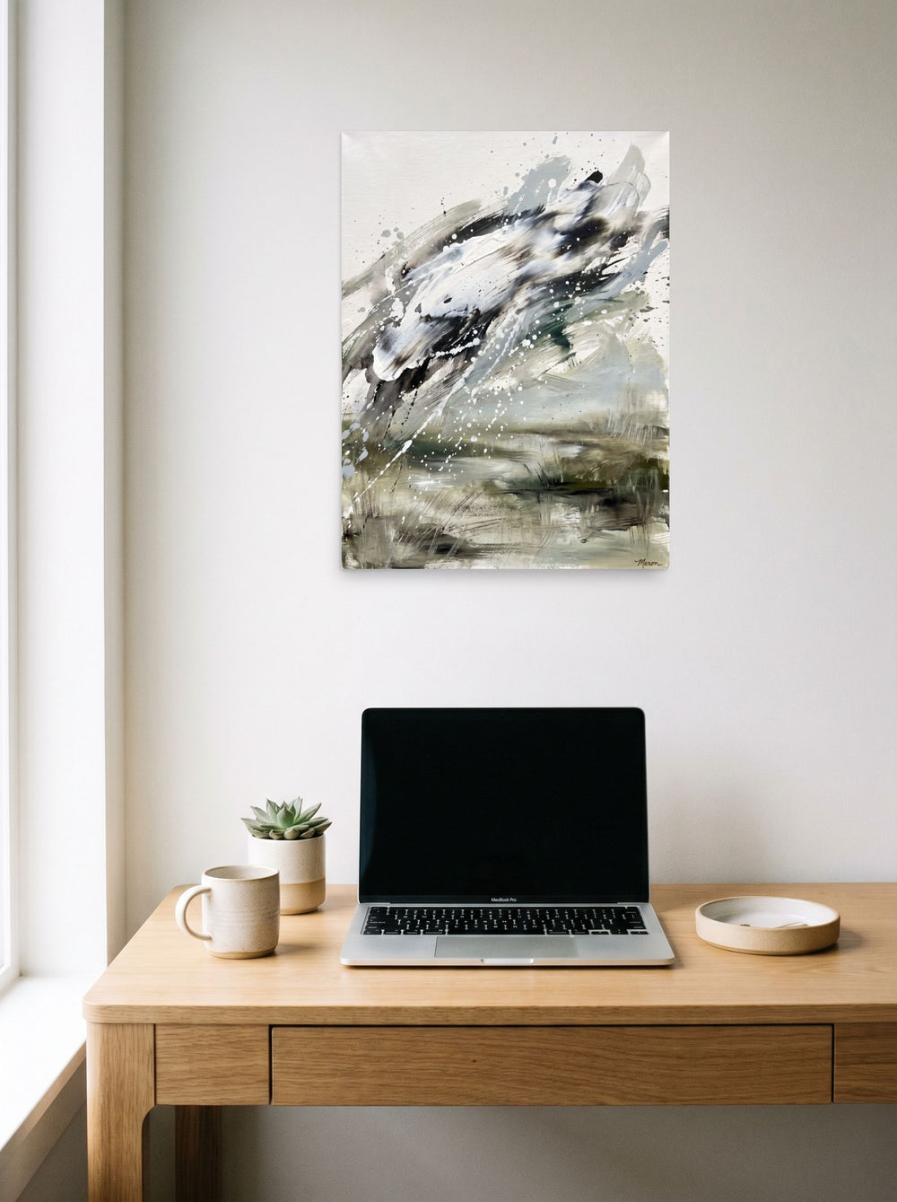 'Tempest in Sage', a Abstract expressionism print styled above a home-office workspace. Shown as unframed paper, 18x24 inch.