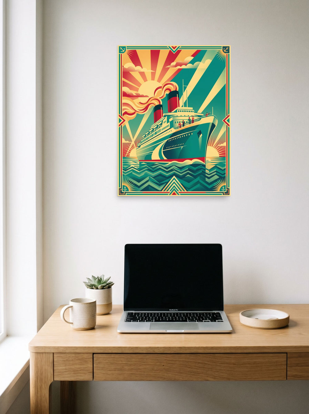 A 18x24 inch unframed paper Art Deco print of 'Voyage of the Sunburst' hanging above a worktable with a laptop.
