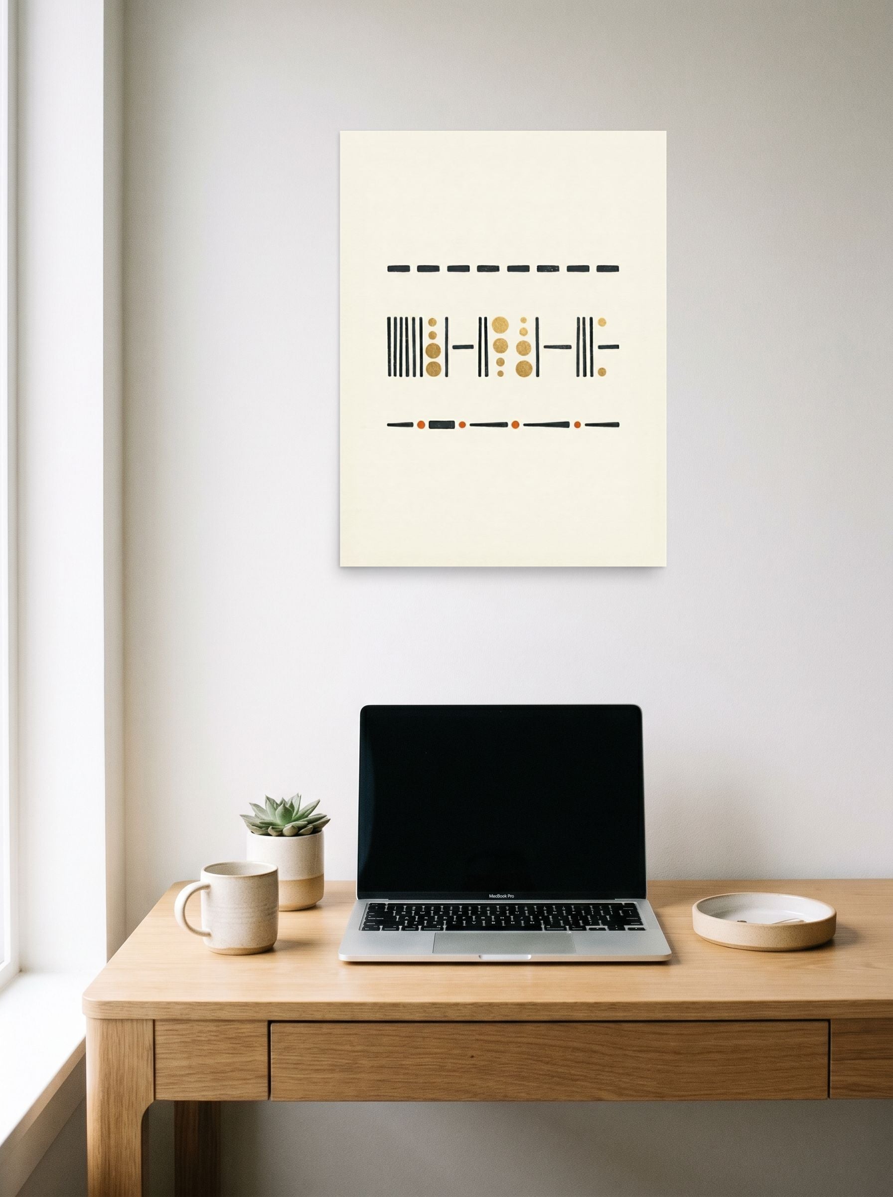 A 18x24 inch unframed paper Minimalism,Geometric abstract art print of 'Golden Rhythms' hanging above a worktable with a laptop.