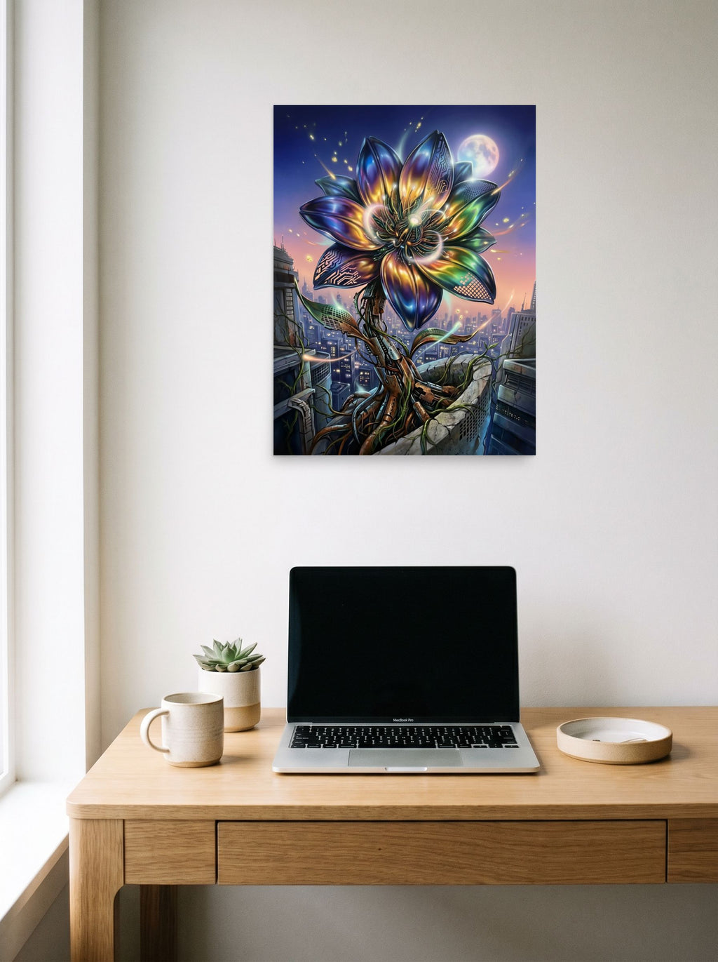 A 18x24 inch unframed paper Digital art print of 'Cybernetic Bloom' hanging above a worktable with a laptop.