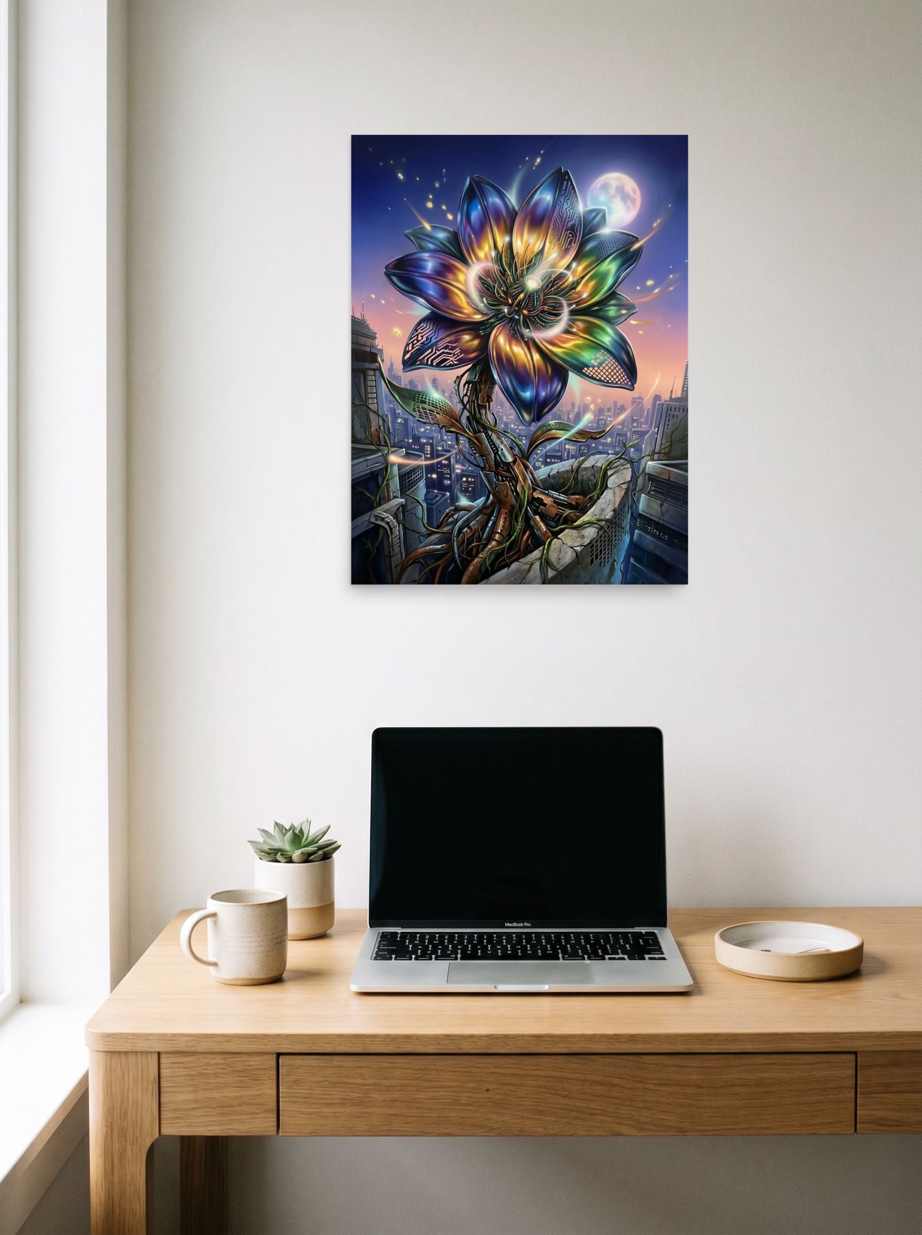 A 18x24 inch unframed paper Digital art print of 'Cybernetic Bloom' hanging above a worktable with a laptop.