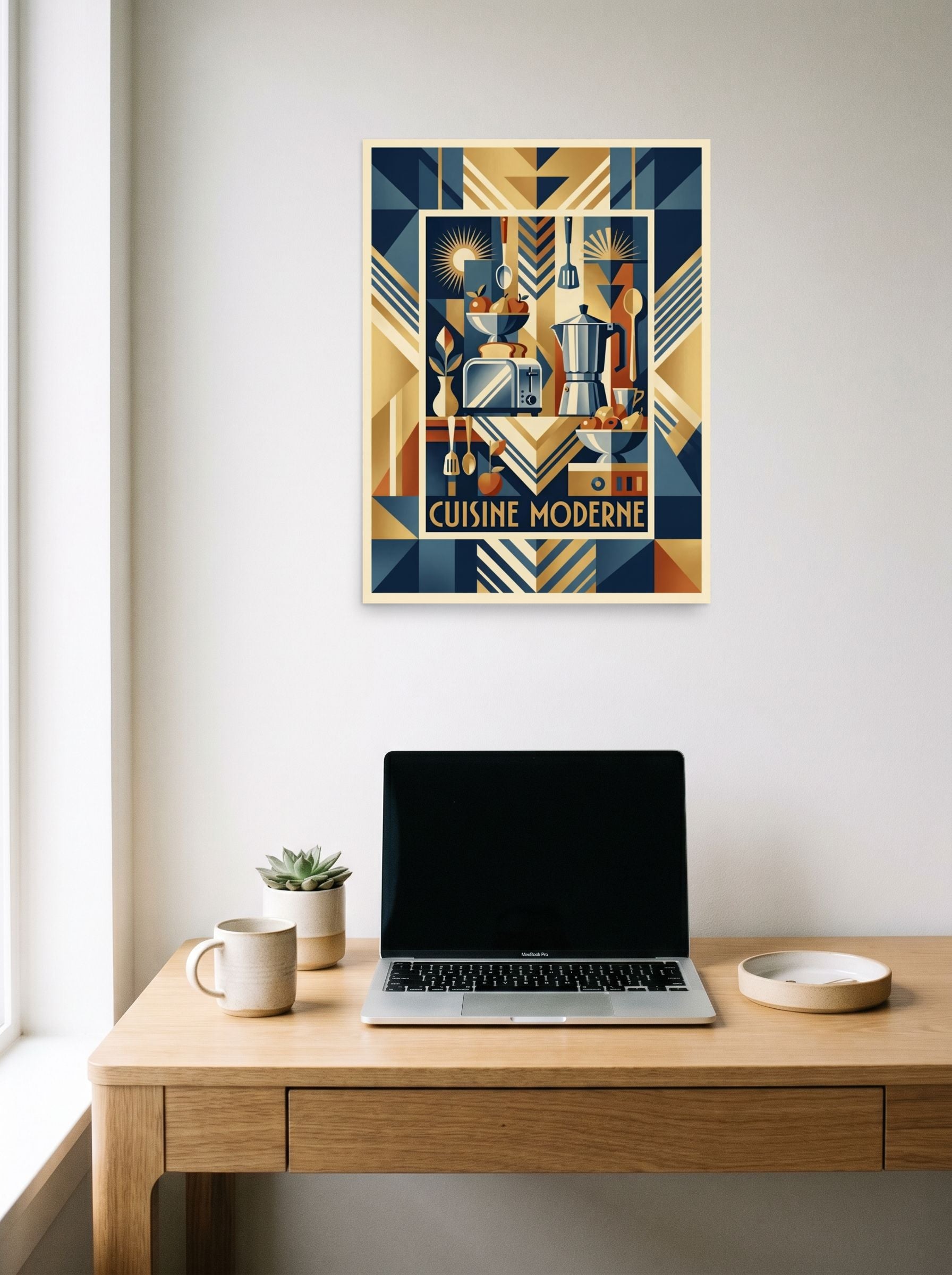 A 18x24 inch unframed paper Art Deco print of 'Cuisine Moderne' hanging above a worktable with a laptop.