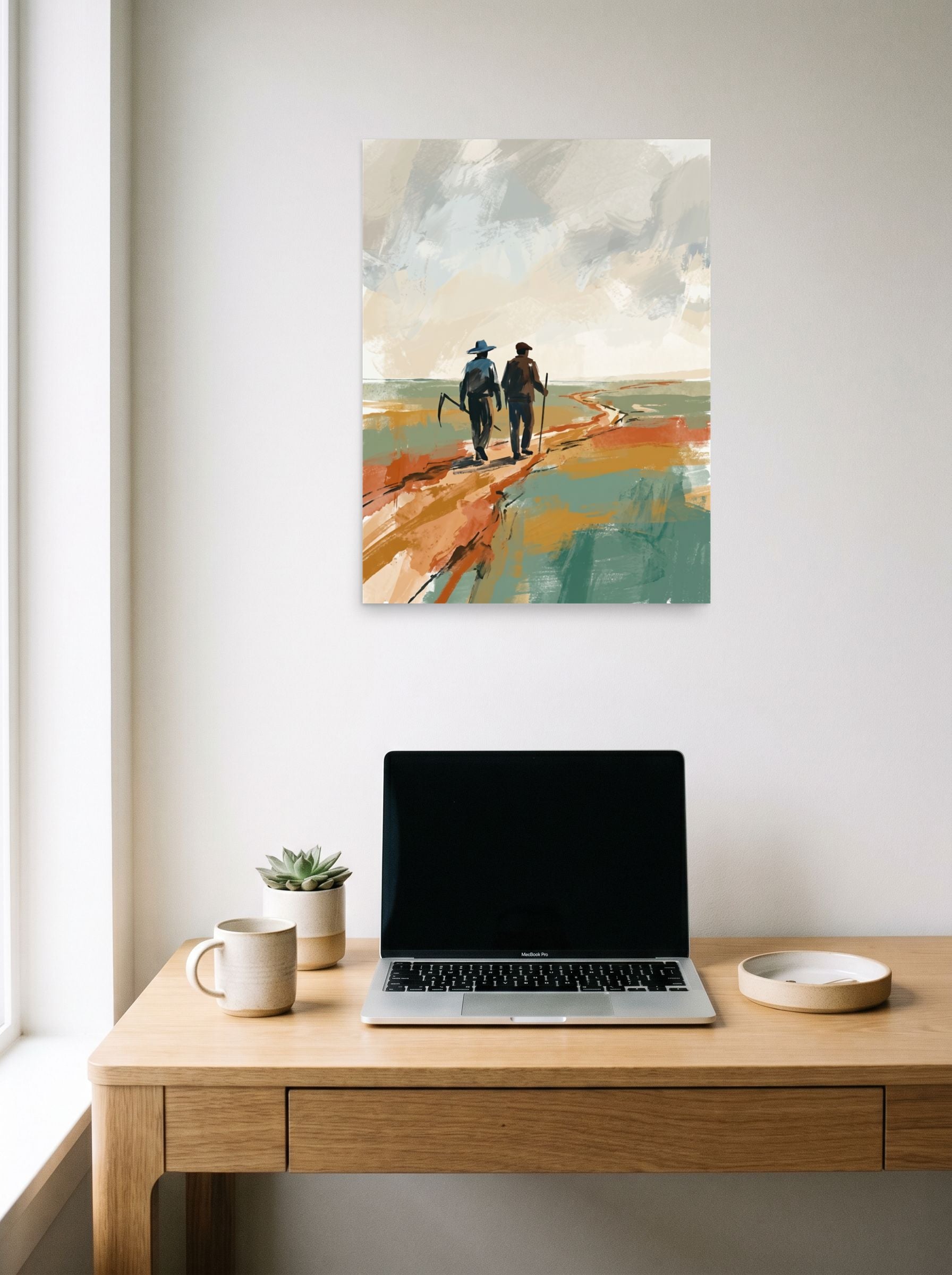 A 18x24 inch unframed paper Impressionism,Minimalism print of 'The Long Road Home' hanging above a worktable with a laptop.