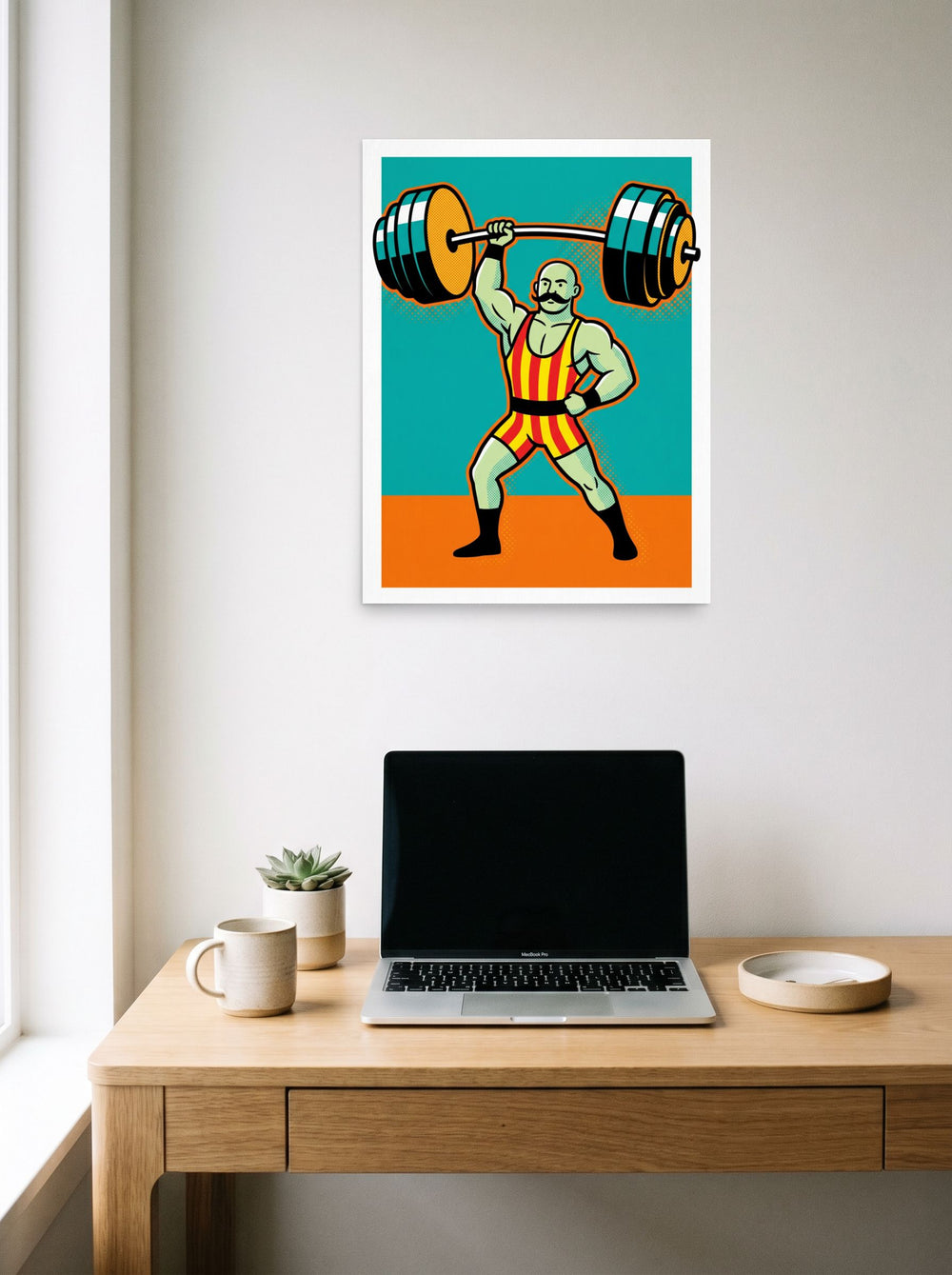 A 18x24 inch unframed paper Pop art print of 'The Mighty Lifter' hanging above a worktable with a laptop.