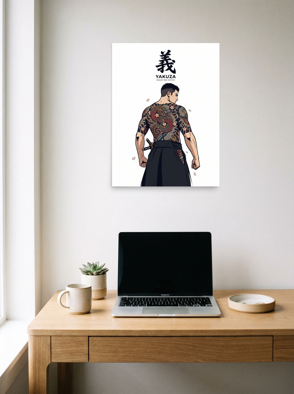 Mockup of 'Dragon Honor' as a 18x24 inch unframed paper print, hanging above a worktable with a laptop.