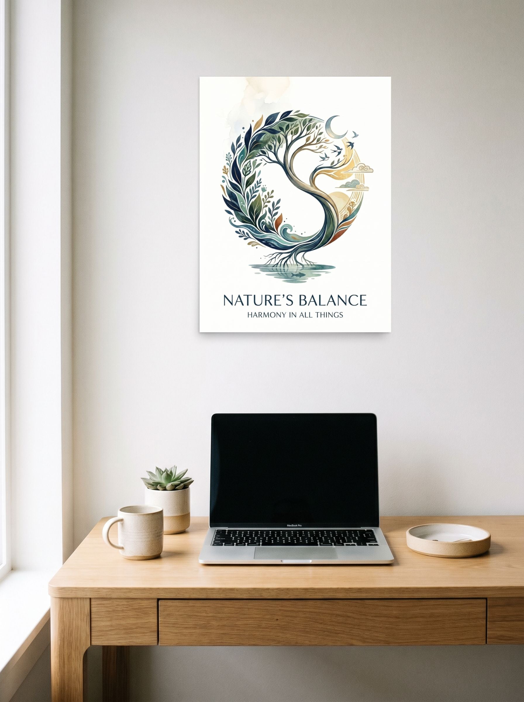 A 18x24 inch unframed paper Modernism print of 'Nature's Balance' hanging above a worktable with a laptop.