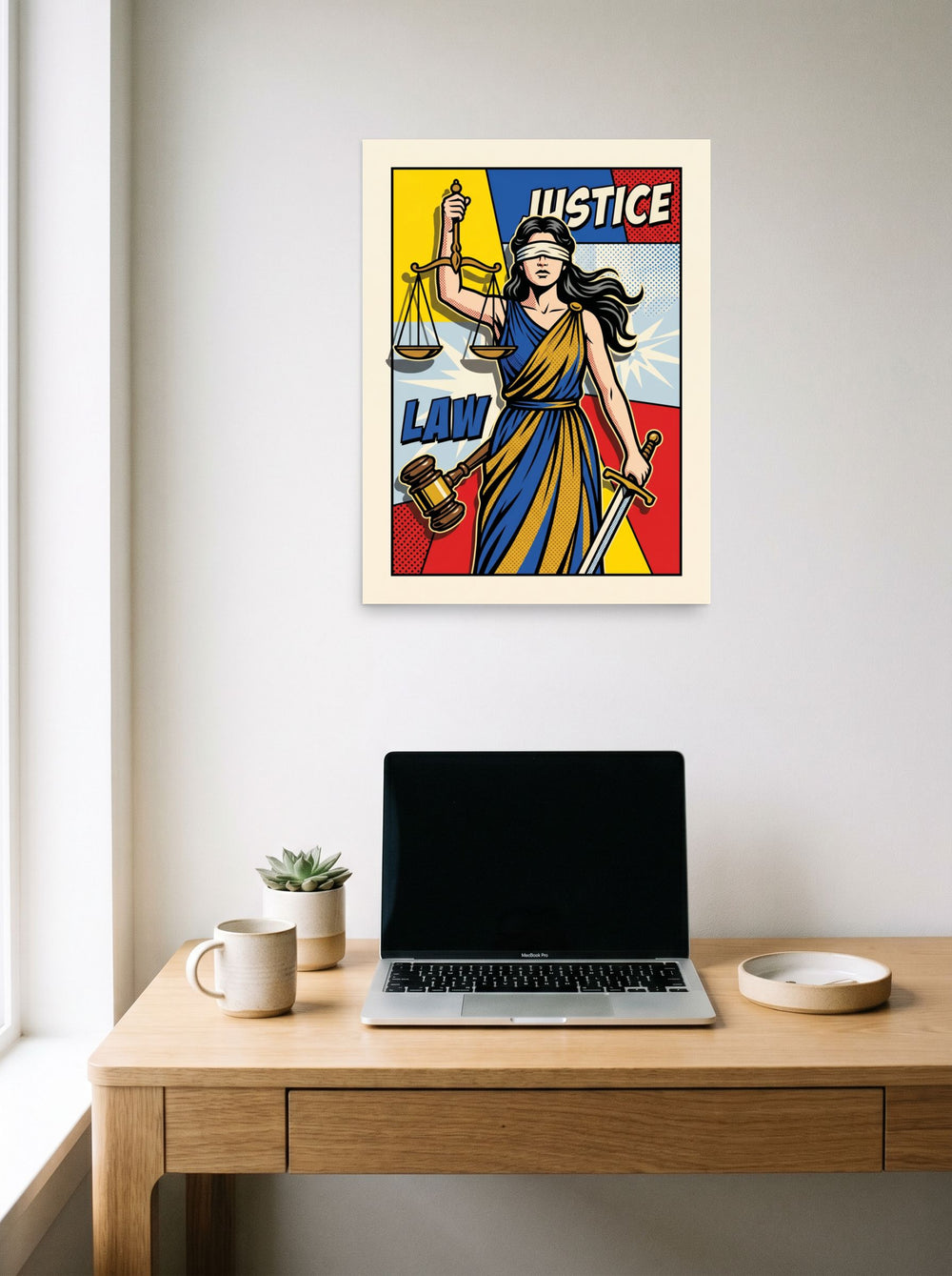 A 18x24 inch unframed paper Pop art print of 'Pop Art Justice' hanging above a worktable with a laptop.