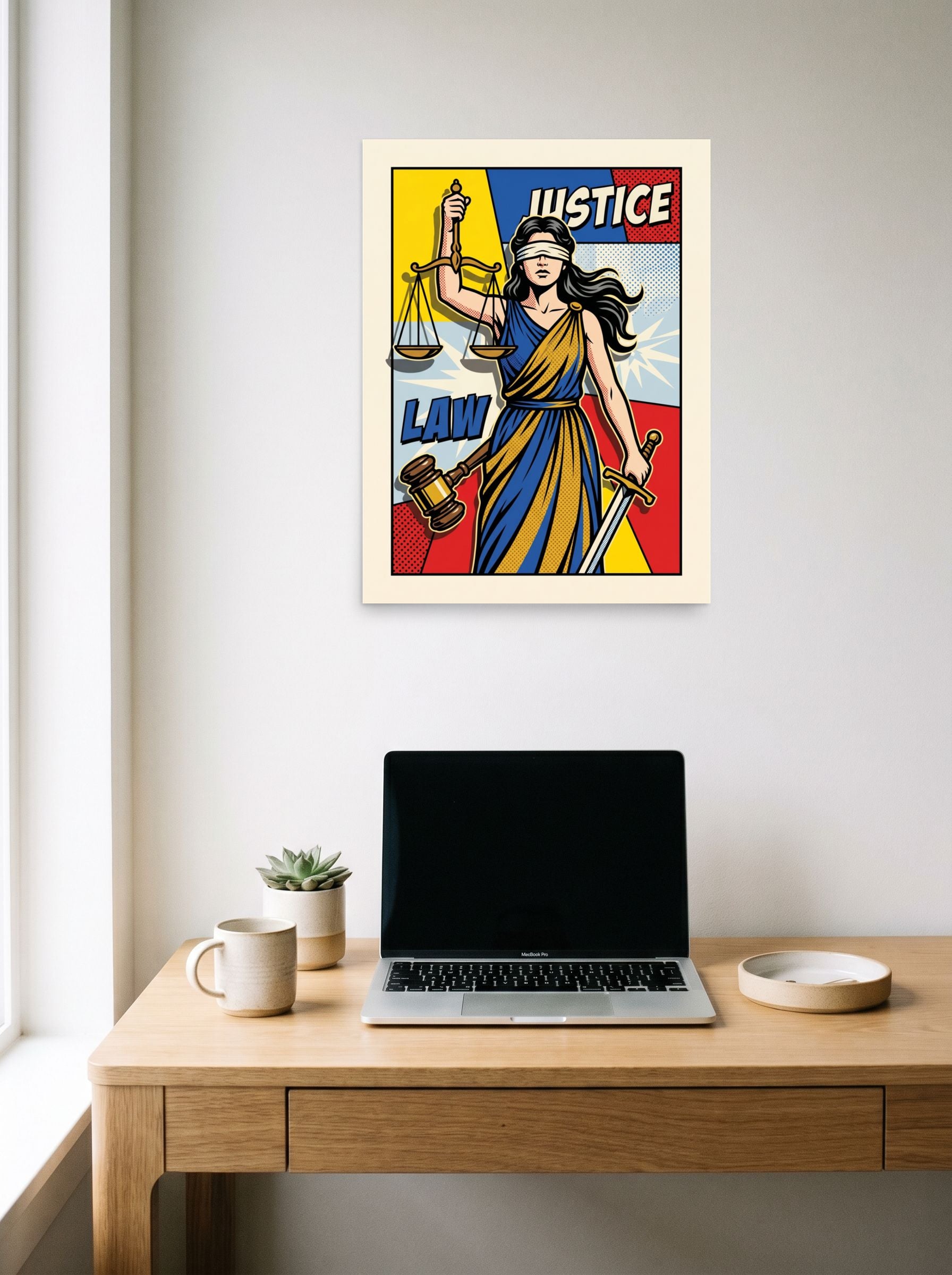 A 18x24 inch unframed paper Pop art print of 'Pop Art Justice' hanging above a worktable with a laptop.