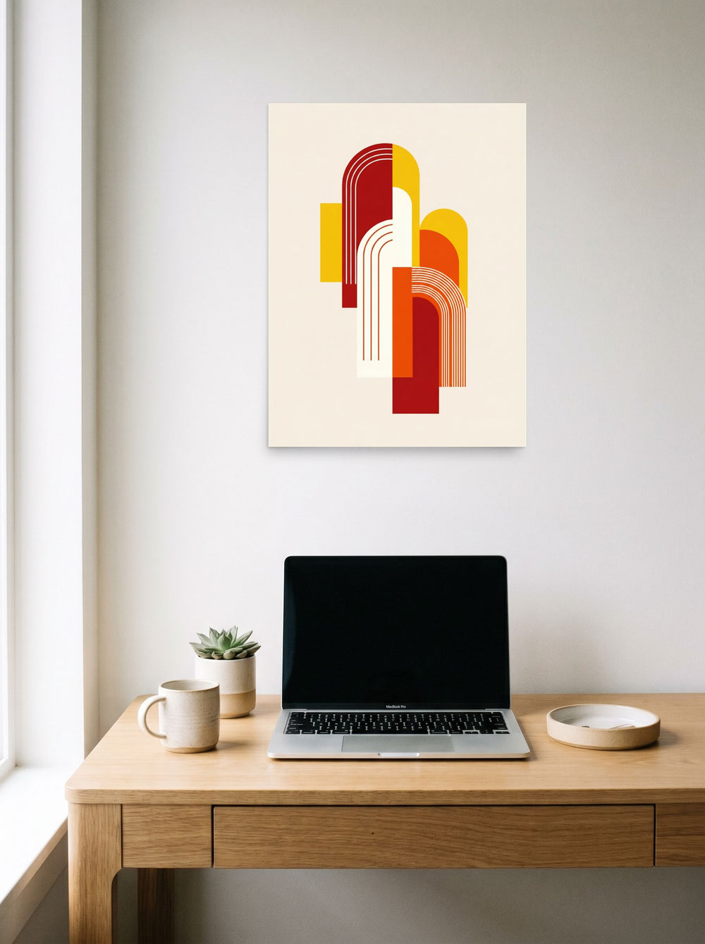 A 18x24 inch unframed paper Geometric abstract art print of 'Sunset Arches' hanging above a worktable with a laptop.