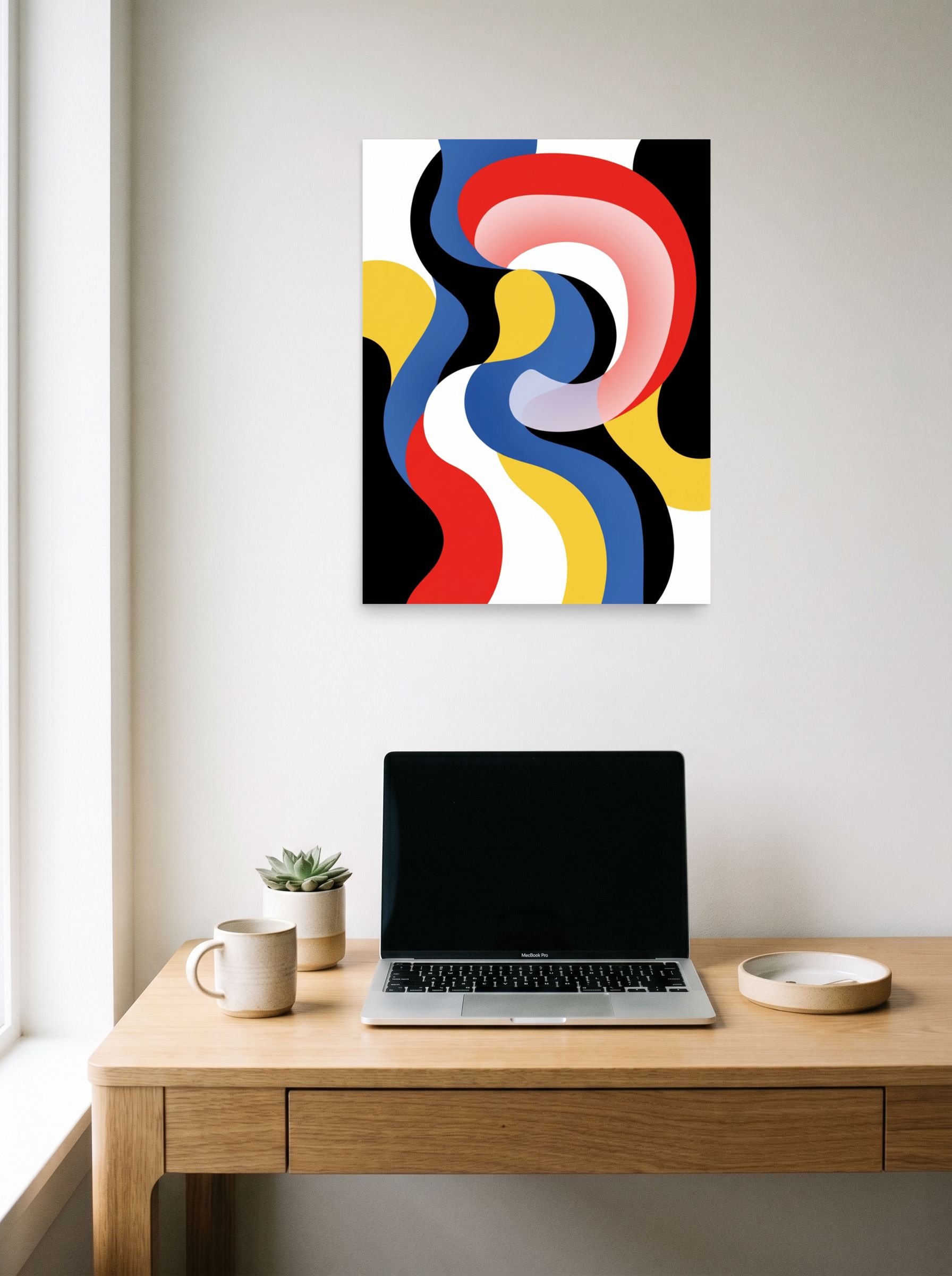 A 18x24 inch unframed paper Op Art print of 'Chromatic Flow' hanging above a worktable with a laptop.