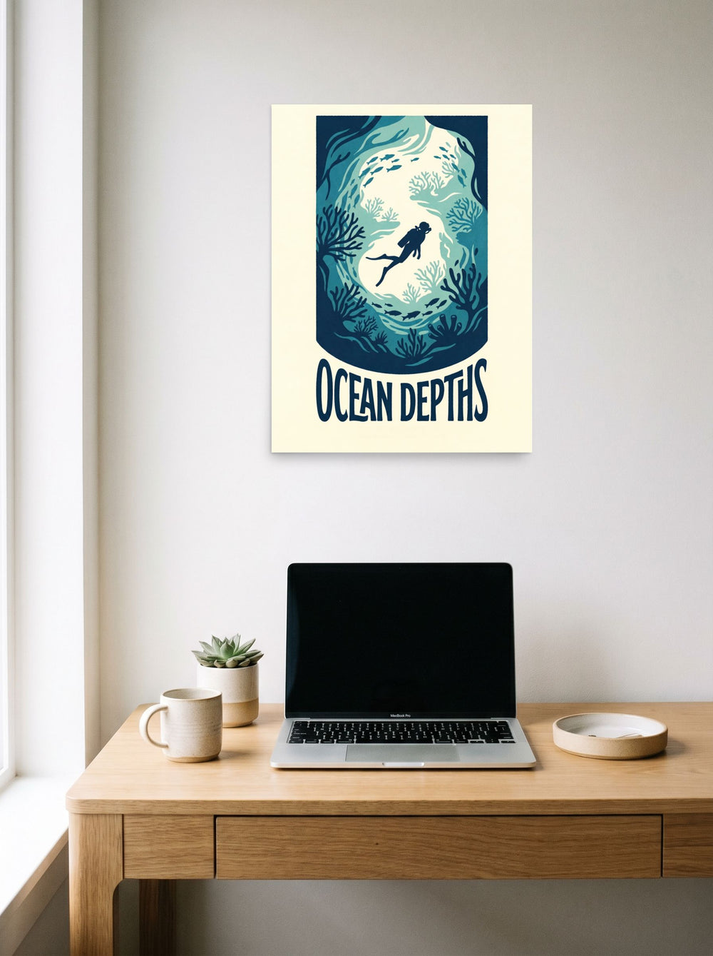 A 18x24 inch unframed paper Digital art,Minimalism print of 'Into the Deep Blue' hanging above a worktable with a laptop.