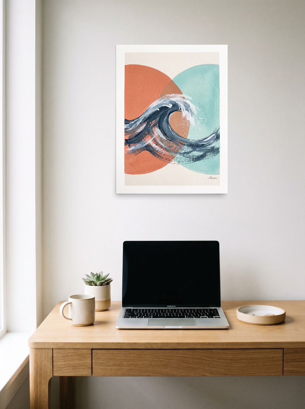 A 18x24 inch unframed paper version of 'Tidal Intersect', Abstract art wall art, styled above a home-office workspace.