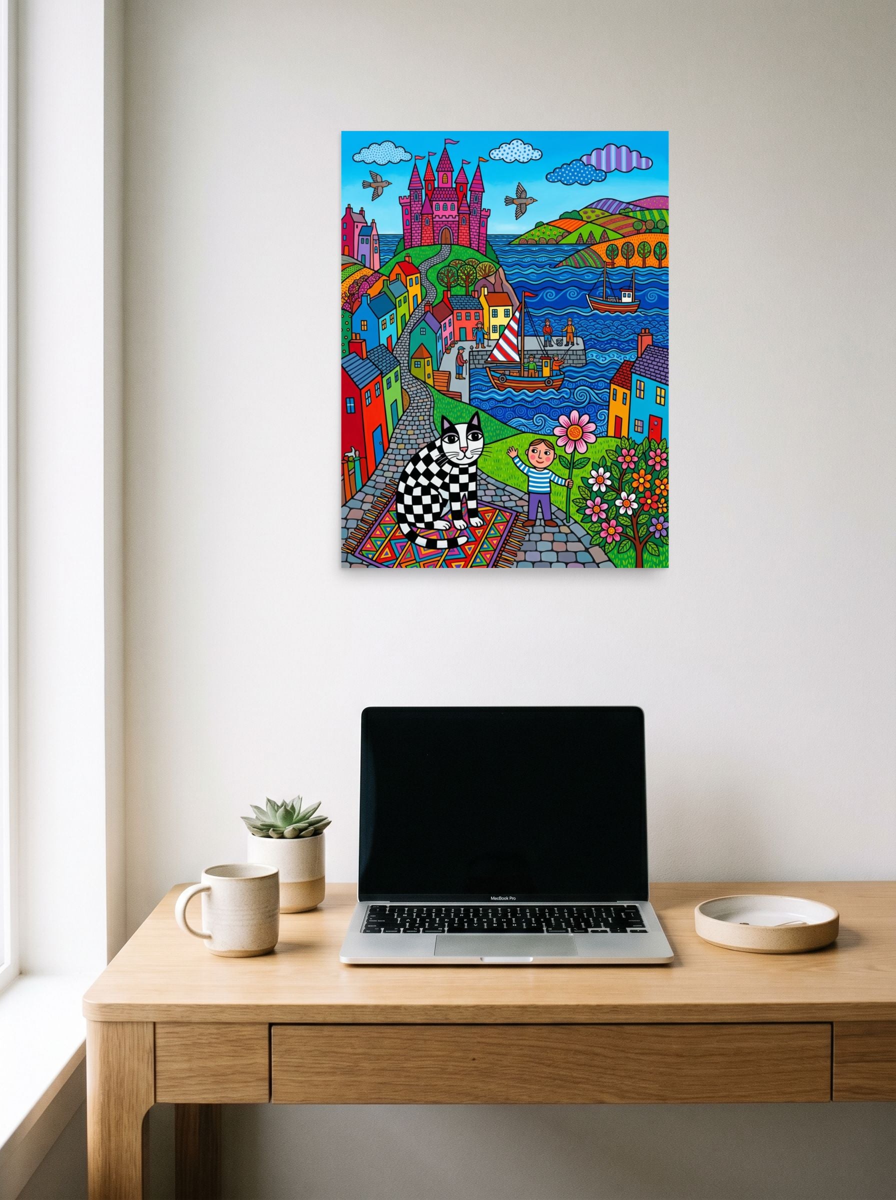 A 18x24 inch unframed paper Naive art print of 'Checkered Cat's Castle Dream' hanging above a worktable with a laptop.