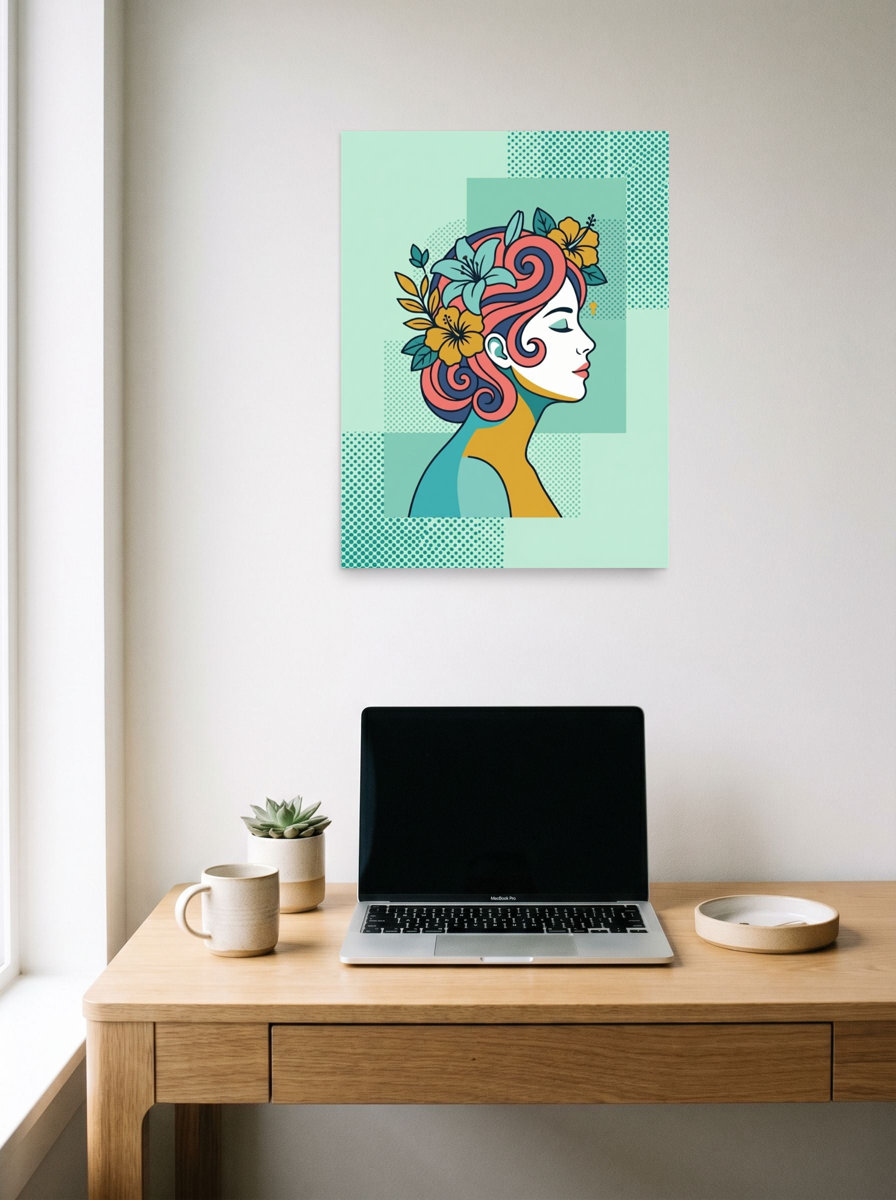 A 18x24 inch unframed paper Pop art print of 'Tropical Flow' hanging above a worktable with a laptop.