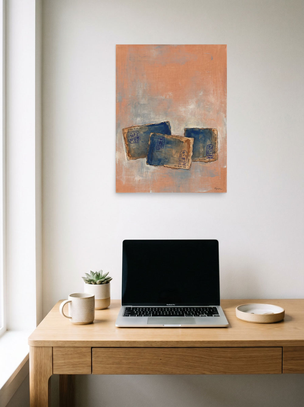 'Egyptian Blue Relics' as a unframed paper print, 18x24 inch, displayed over a compact desk setup.