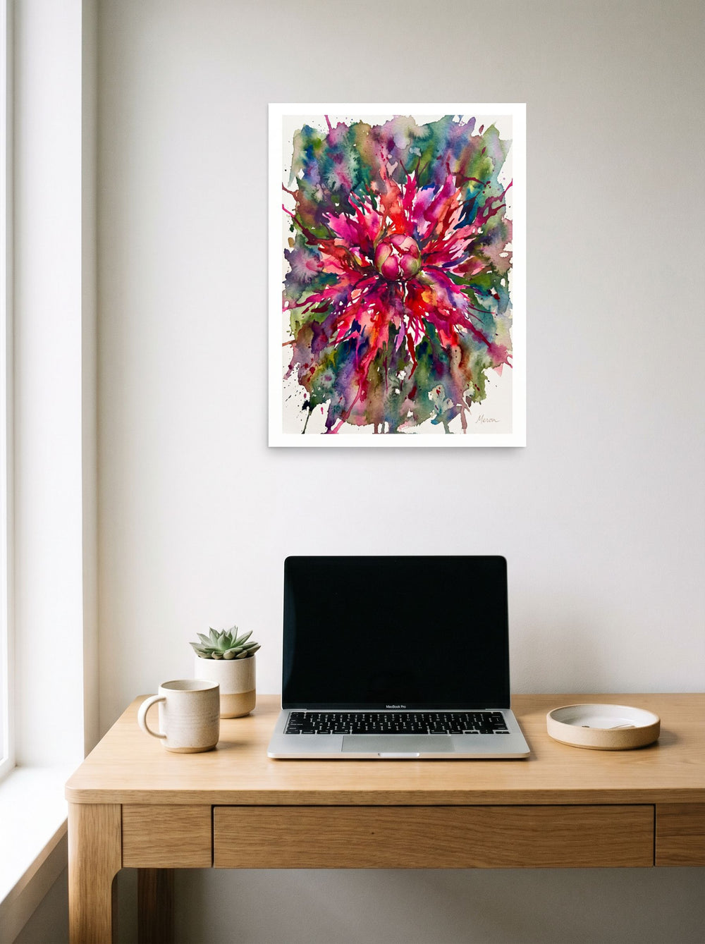 unframed paper wall art 'Botanical Burst' displayed over a compact desk setup, at 18x24 inch.