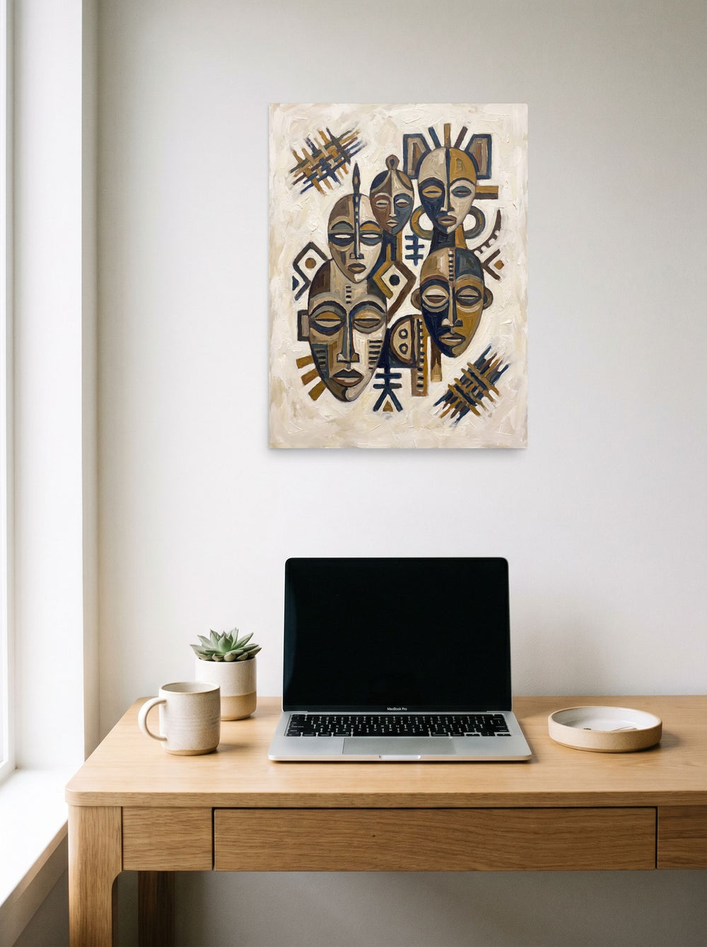 A 18x24 inch unframed paper Primitivism,Cubism print of 'Guardians of Tradition' hanging above a worktable with a laptop.