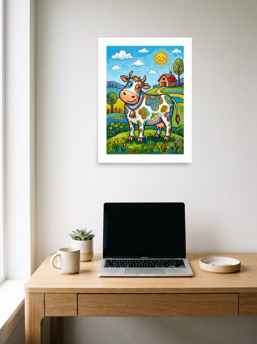 A 18x24 inch unframed paper Naive art print of 'The Rainbow Cow' hanging above a worktable with a laptop.