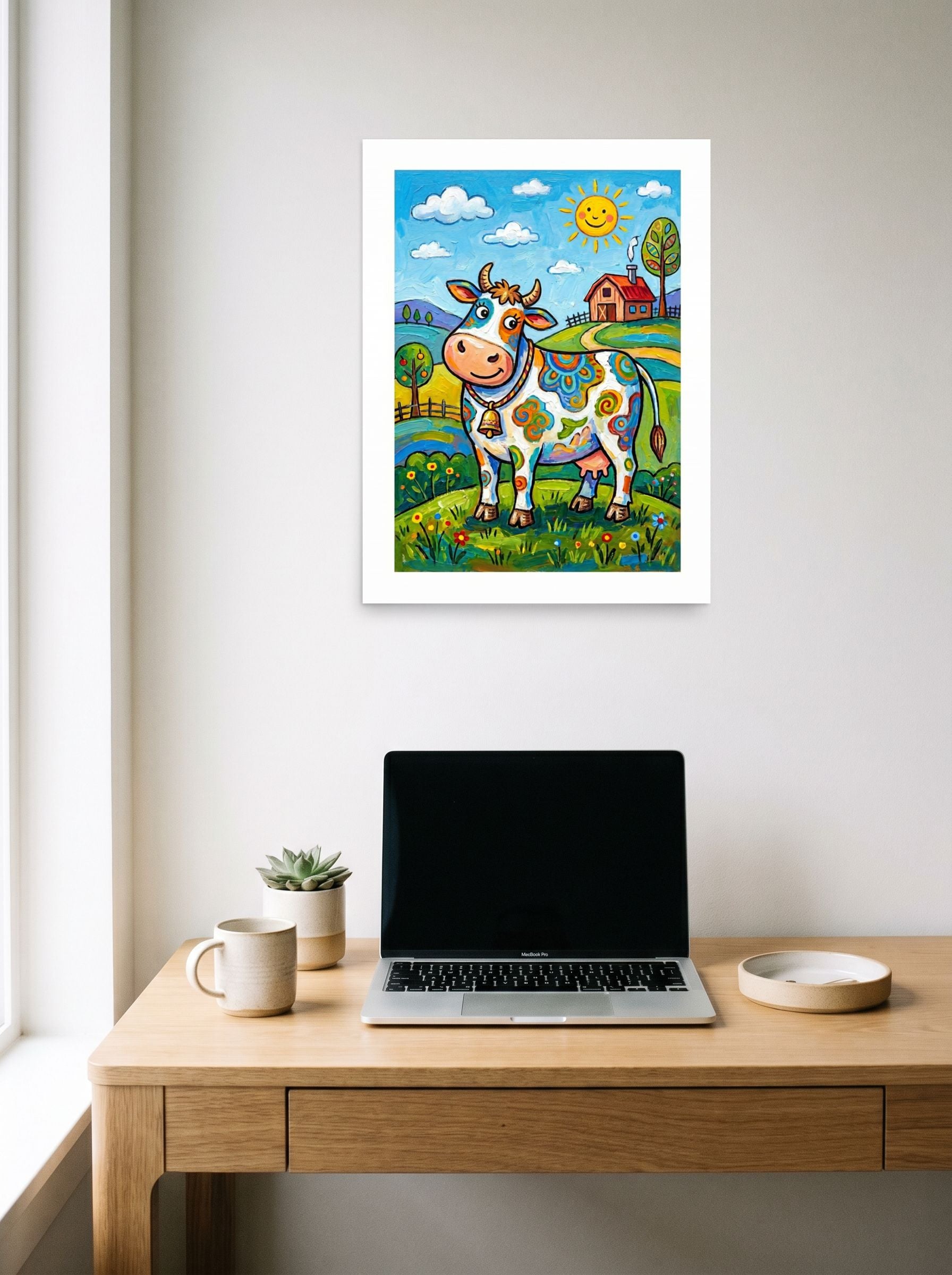 A 18x24 inch unframed paper Naive art print of 'The Rainbow Cow' hanging above a worktable with a laptop.