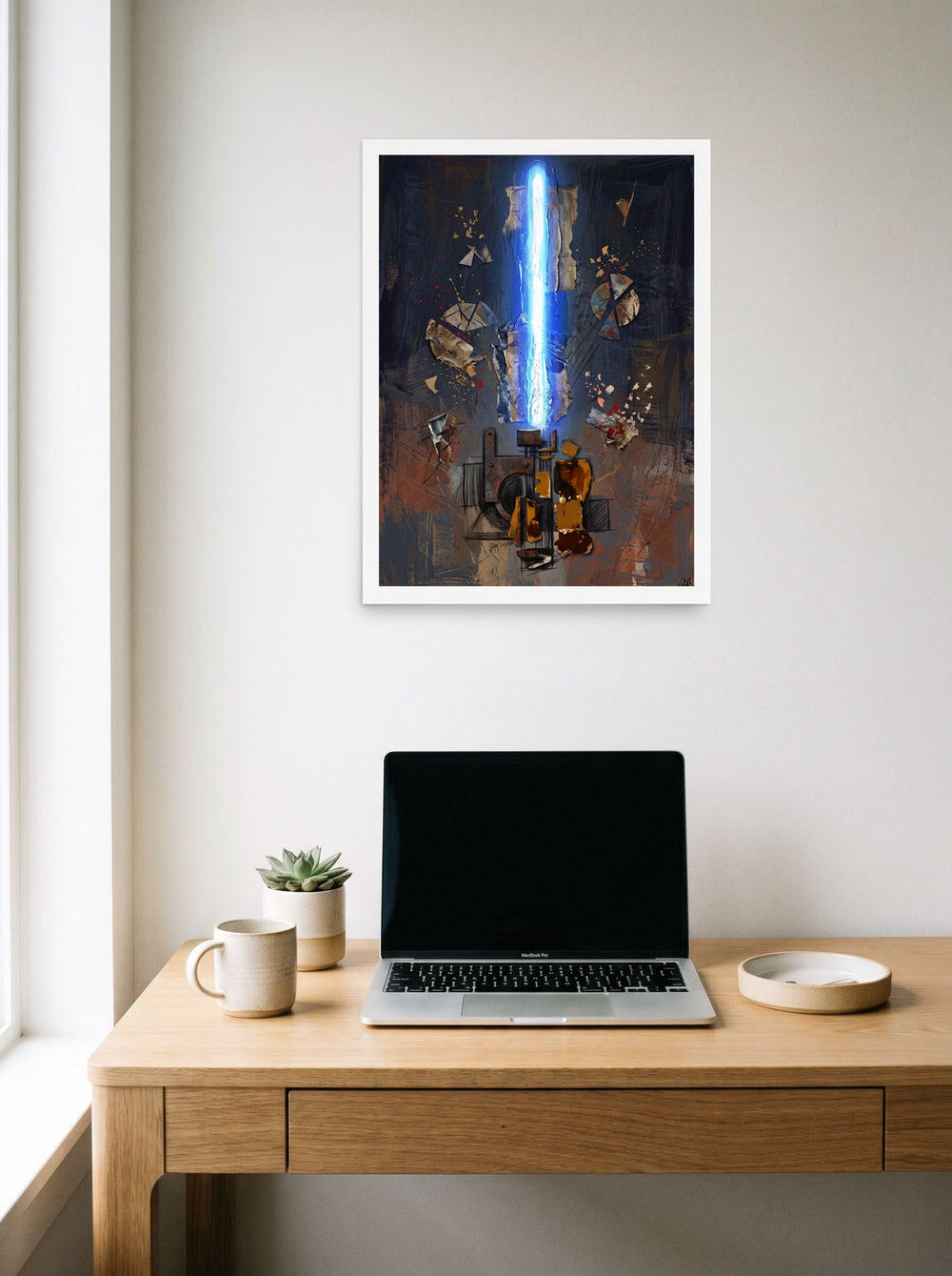 See 'Rift of Light' as a unframed paper print (18x24 inch), styled above a home-office workspace.