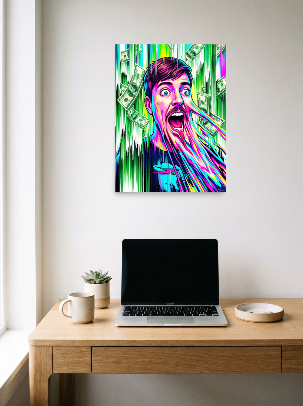 A 18x24 inch unframed paper version of 'Viral Melt: MrBeast', Glitch art wall art, styled above a home-office workspace.
