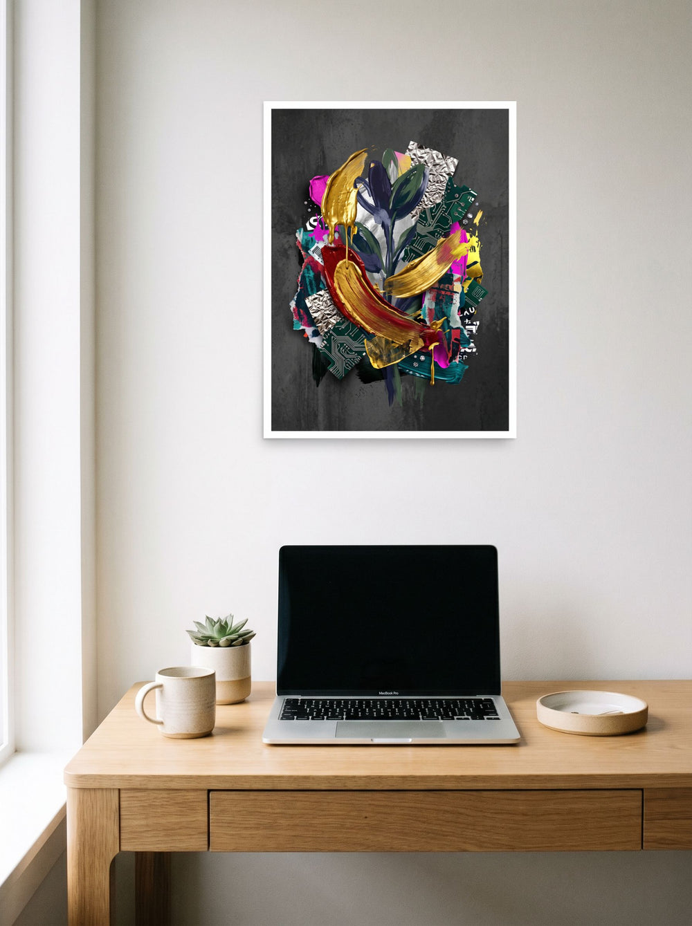 A 18x24 inch unframed paper version of 'Digital Alchemy', Assemblage wall art, styled above a home-office workspace.