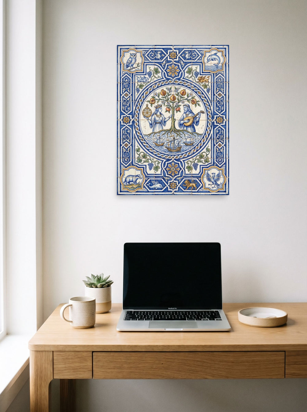 A 18x24 inch unframed paper Renaissance print of 'The Mariner's Harmony' hanging above a worktable with a laptop.