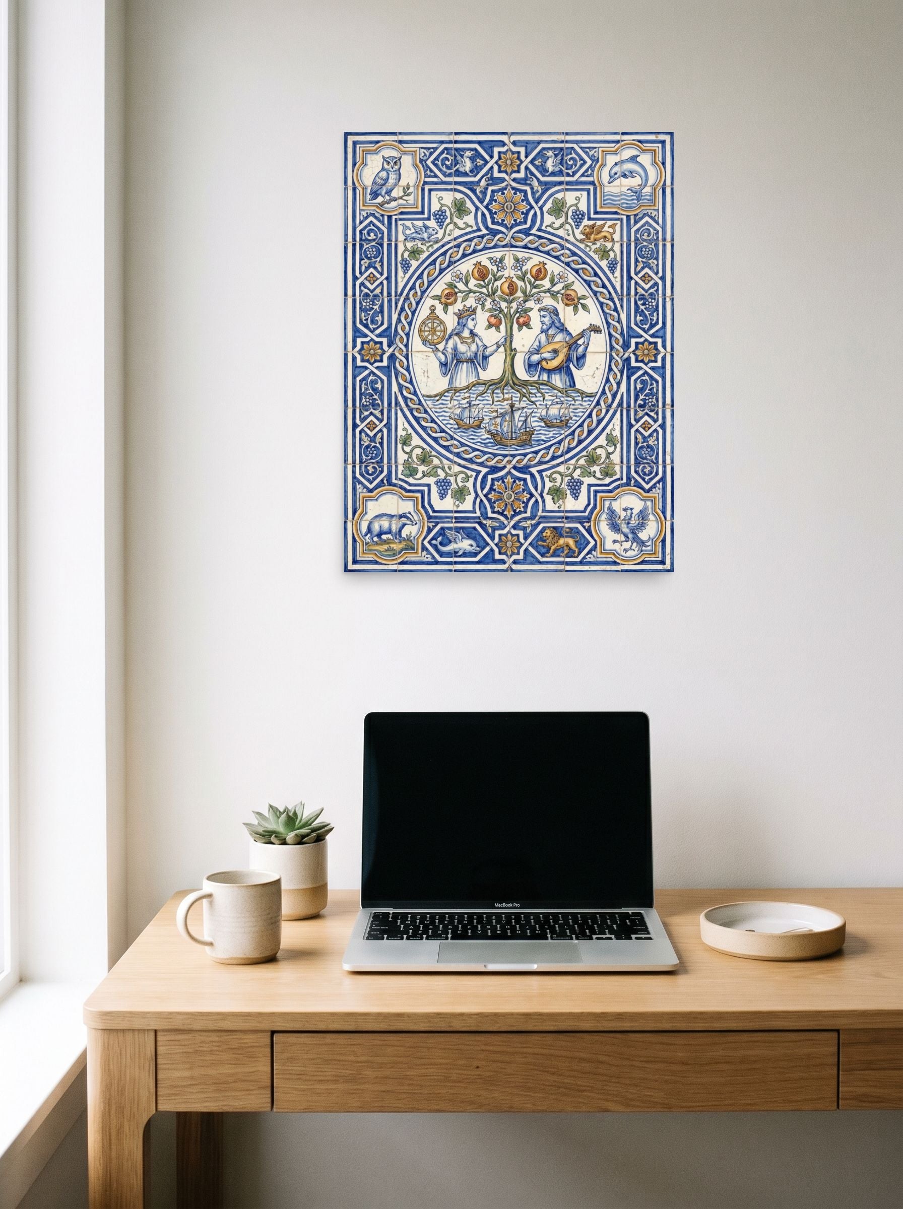 A 18x24 inch unframed paper Renaissance print of 'The Mariner's Harmony' hanging above a worktable with a laptop.