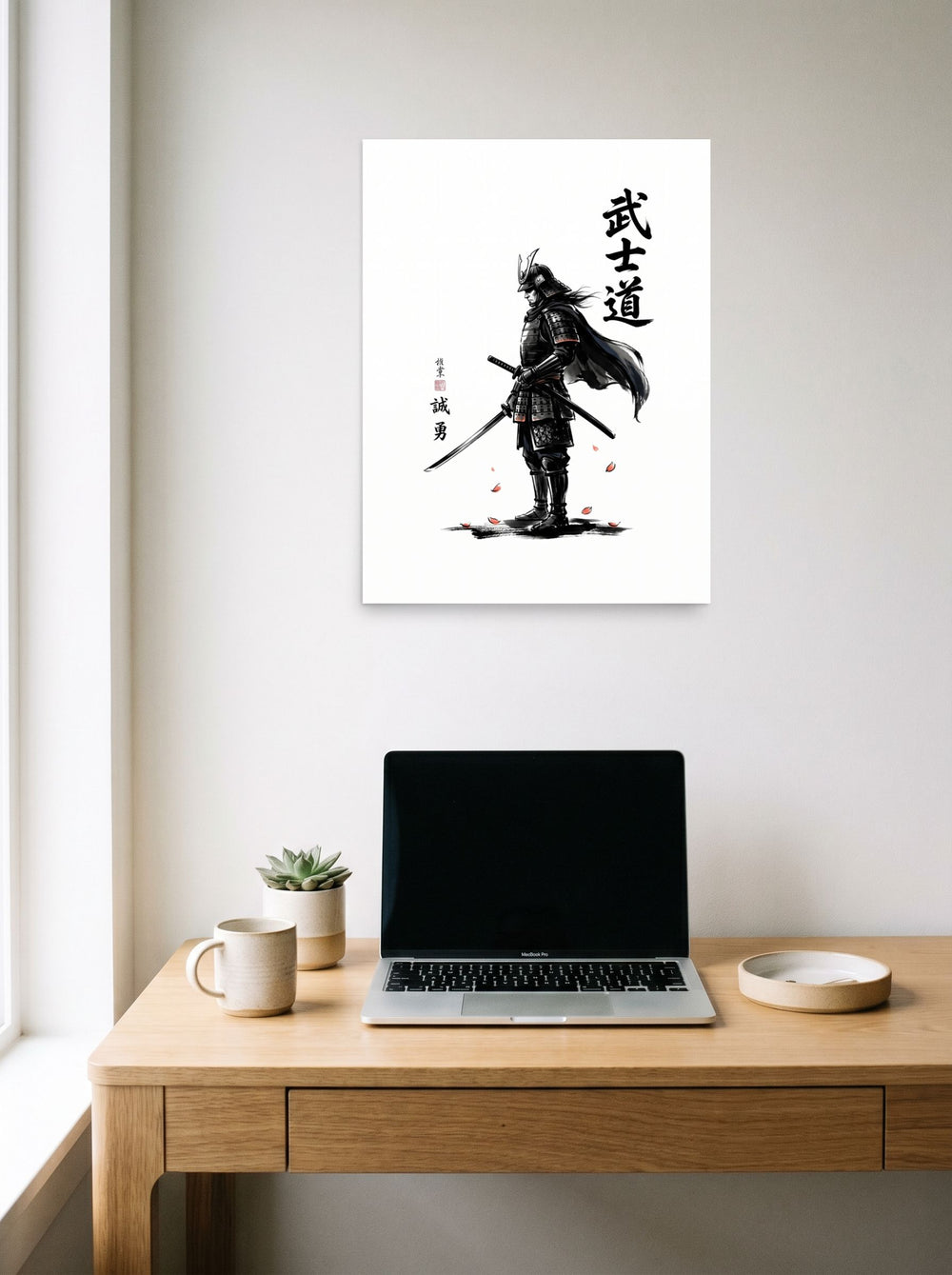A 18x24 inch unframed paper Shin hanga print of 'Way of the Warrior' hanging above a worktable with a laptop.