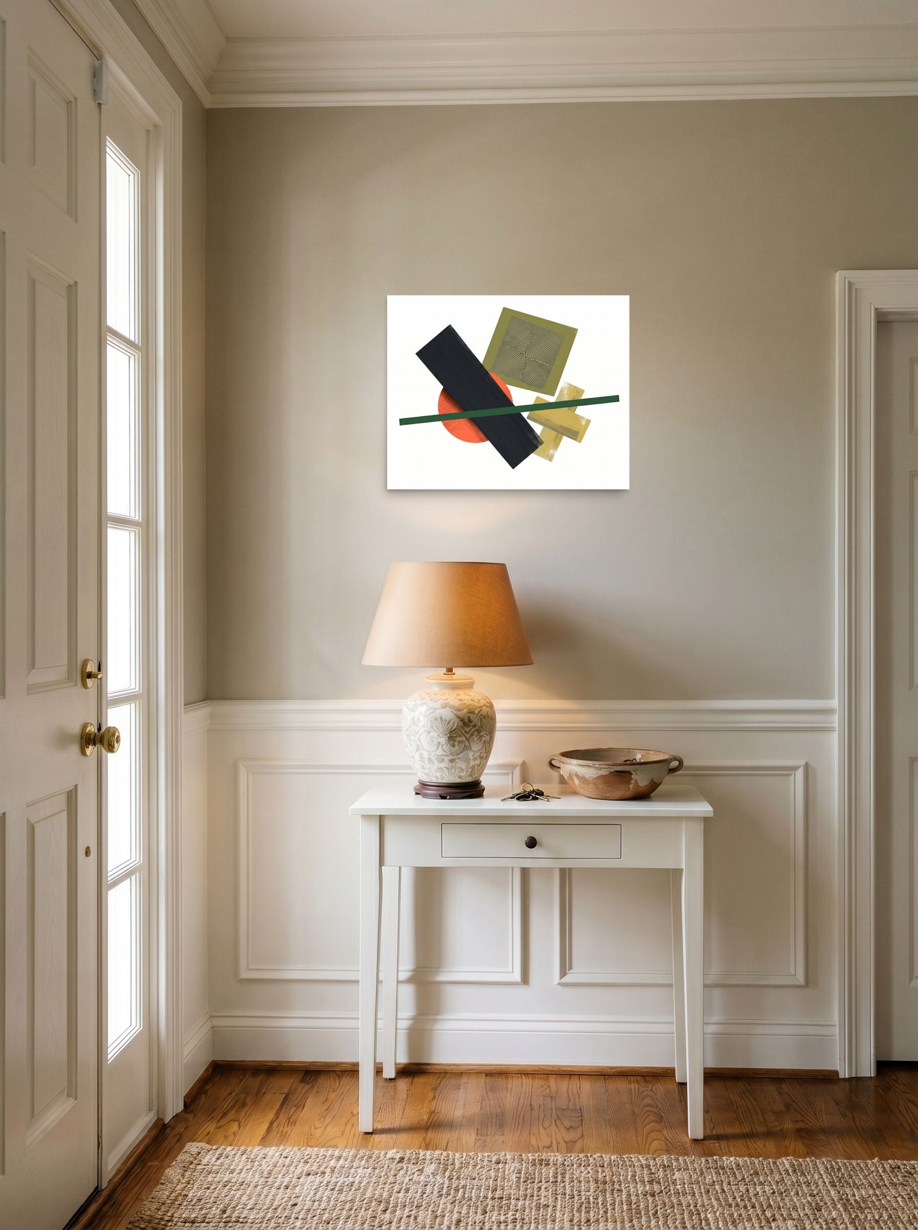 A 20x16 inch unframed paper Suprematism print of 'The Geometry of Sound' hanging in an entryway near a console.