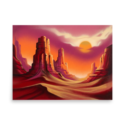 'Crimson Canyons' — a Realism print. A vibrant, smooth depiction of desert mesas at sunset, bringing a warm glow to a Living Room.