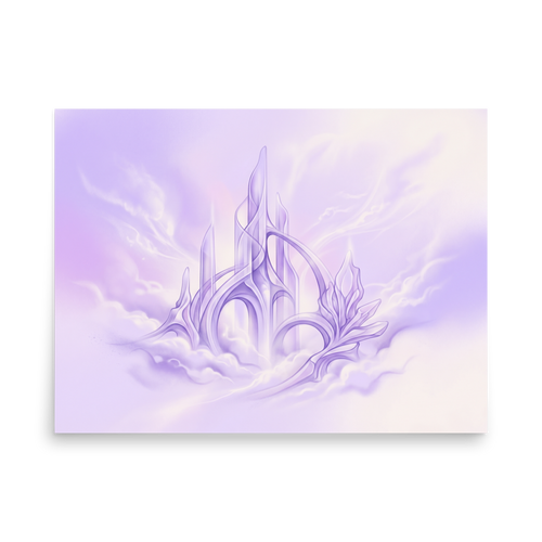 'Cloud City Crystal' — a Surrealism print. A soft pastel airbrush painting of a crystal castle floating in the clouds, perfect for a calming nursery.