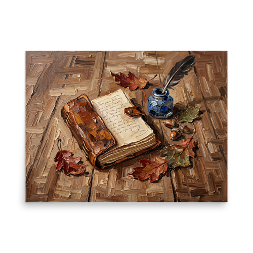 'Chronicles in Oak' — a Impressionism print. Impasto oil painting of an open book, quill, and inkwell on a wooden table, perfect for a library.