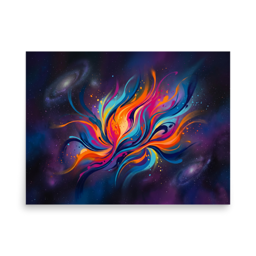 'Cosmic Flora' — a Abstract art print. An abstract colorful fluid explosion resembling a flower set against a dark starry space background, ideal for a Home Theater / Cinema.