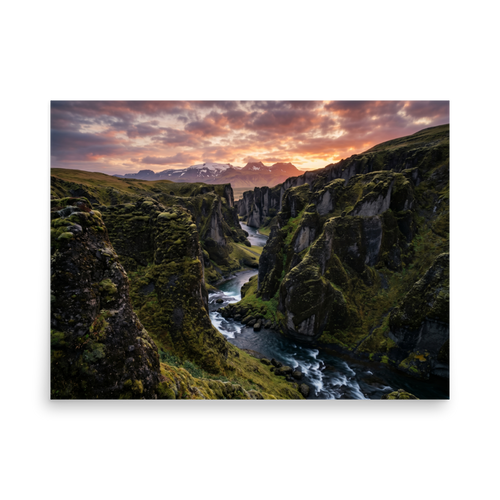 'Canyon of the Dawn' — a Art photography print. A stunning landscape photograph of a moss-covered canyon and river under a vibrant sunrise sky, perfect for bringing the beauty of nature into a Living Room.