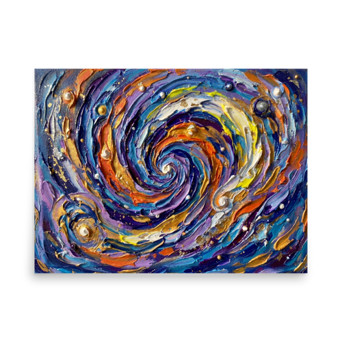 'Cosmic Swirl' — a Abstract expressionism print. A textured and swirling galaxy of blues, purples, and golds, creating an awe-inspiring focal point for a living room.
