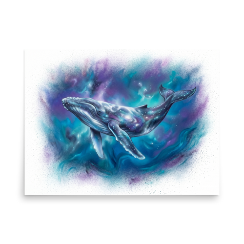 'Cosmic Voyager' — a Fantastic realism print. A magnificent whale swimming through a colorful, starry nebula, bringing deep space mystery to a Bedroom.